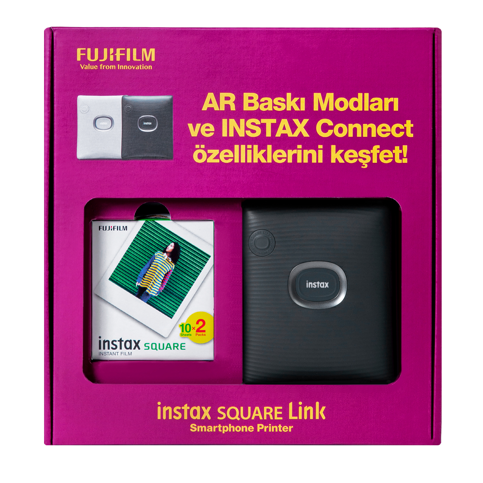 Instax Square Link yazıcı kutusu. Kutu pembe, yazıcı siyah.
