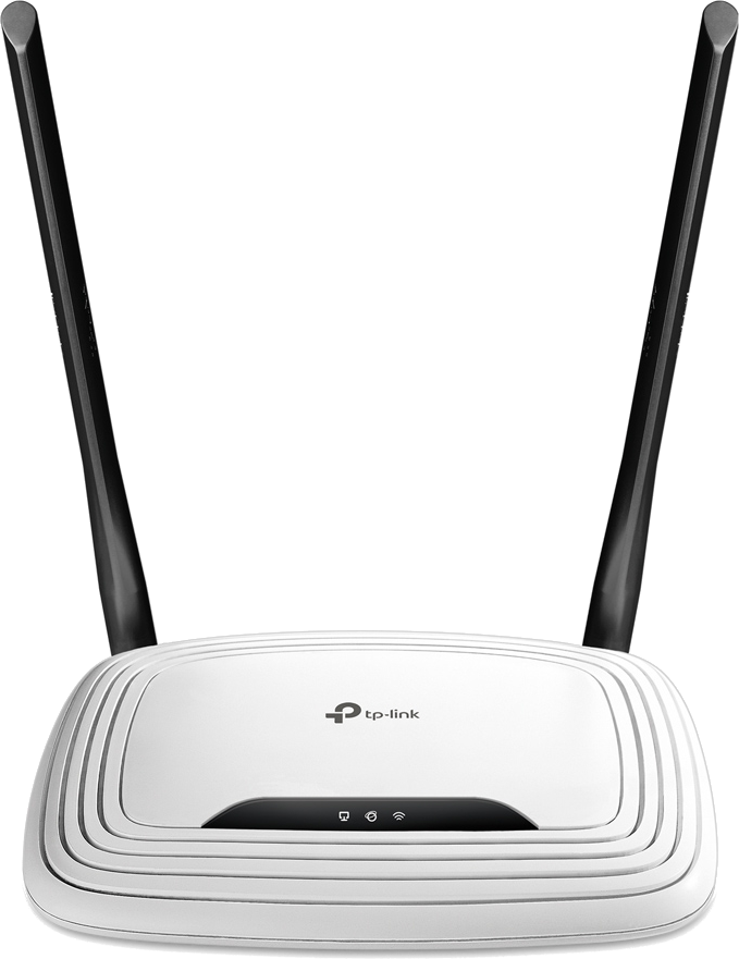 Ein weißer tp-link Router mit zwei schwarzen Antennen, Vorderansicht, auf schwarzem Grund.