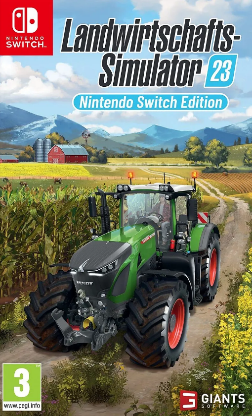 Nintendo Switch Spielbox für 'Landwirtschafts-Simulator 23'. Zeigt einen grünen Traktor auf einem Feld.