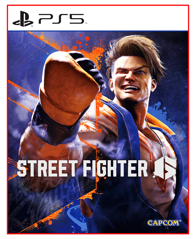 Street Fighter PS5 game cover. Een gespierde man in een blauw vest slaat. De titel staat in oranje, vette letters.