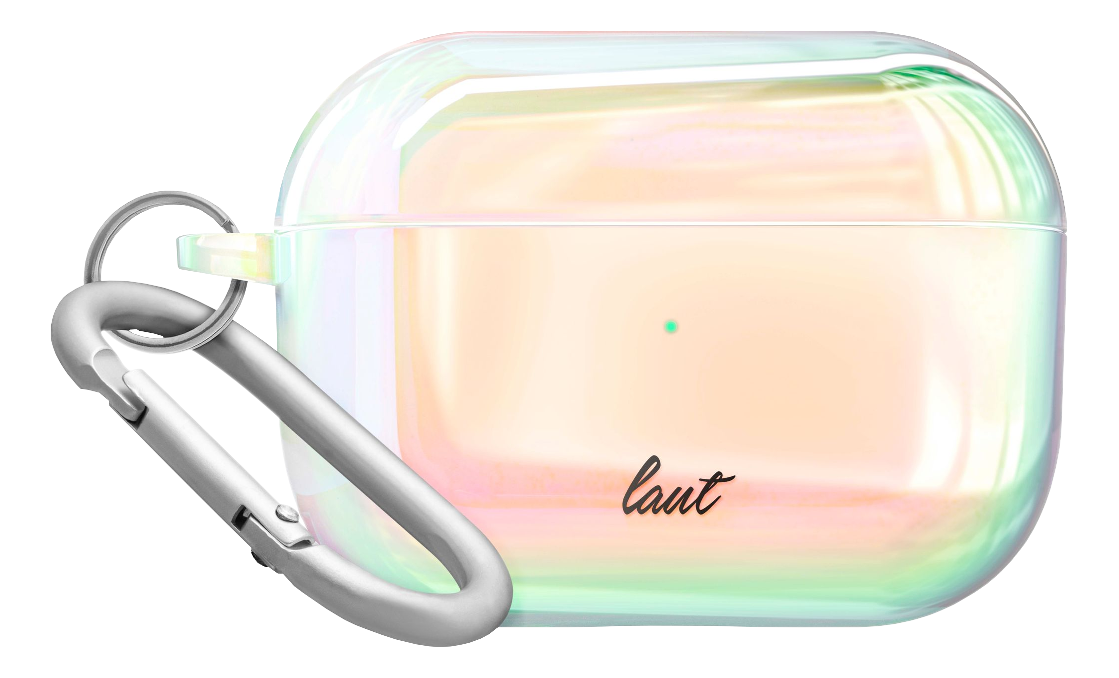 Étui irisé pour Airpods, avec mousqueton argenté. Le mot 'laut' est écrit sur l'étui.