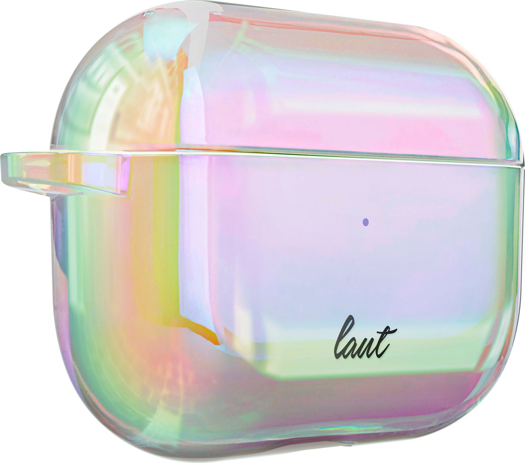Étui transparent et iridescent pour écouteurs avec le mot "laut".