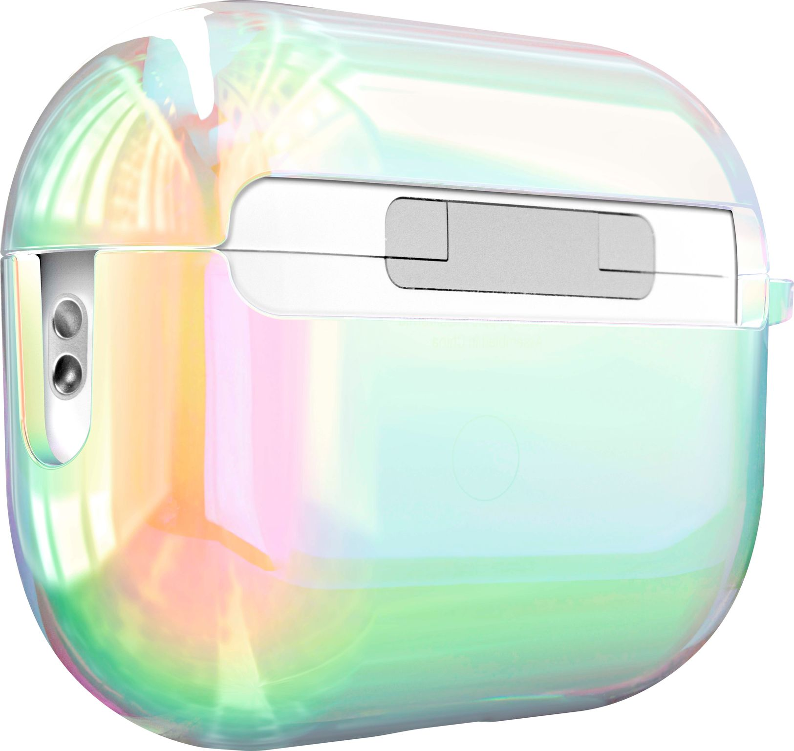 Étui blanc irisé AirPods Pro, avec charnière métallique et port de charge.