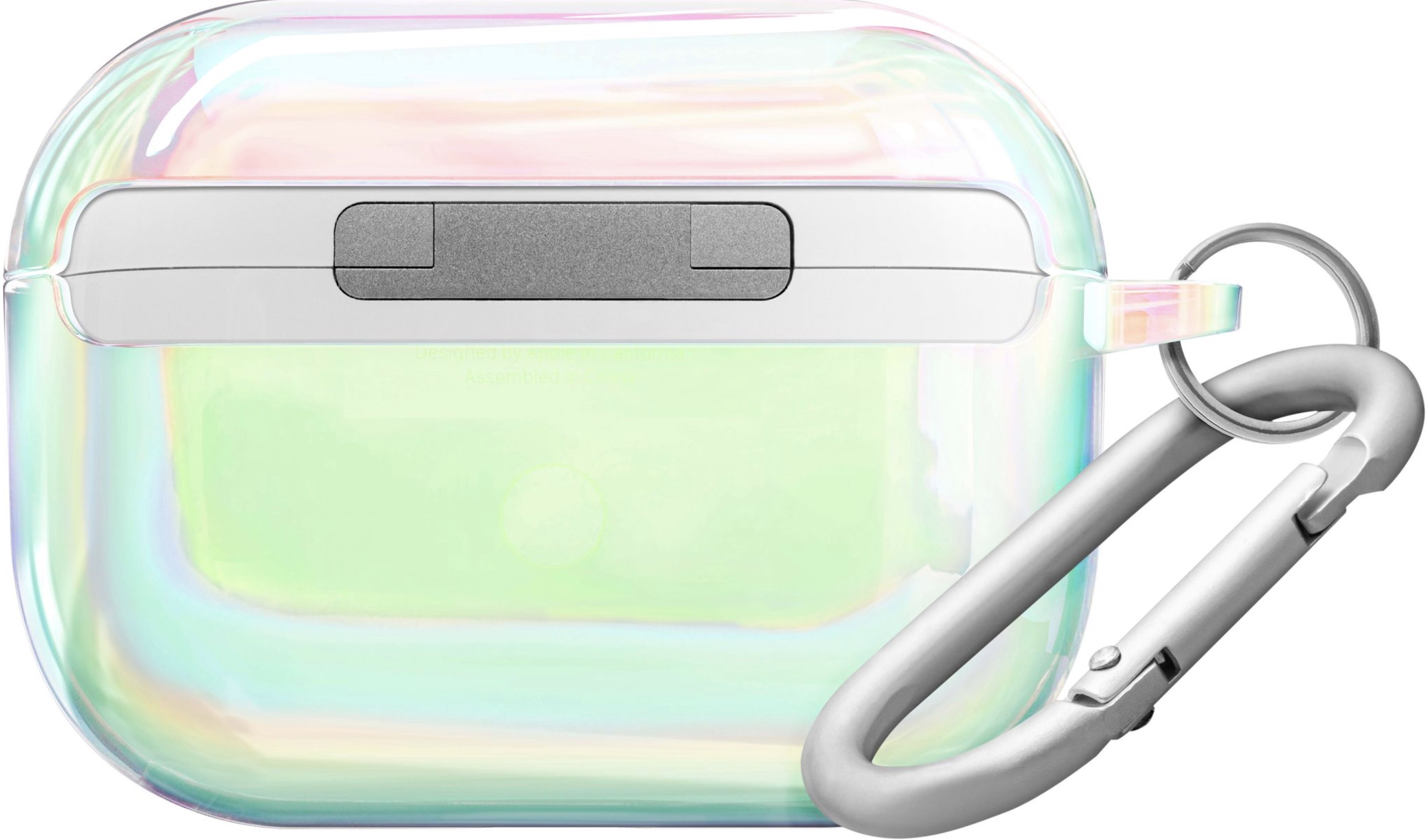 Étui irisé transparent avec mousqueton argenté. Contient des AirPods Pro.