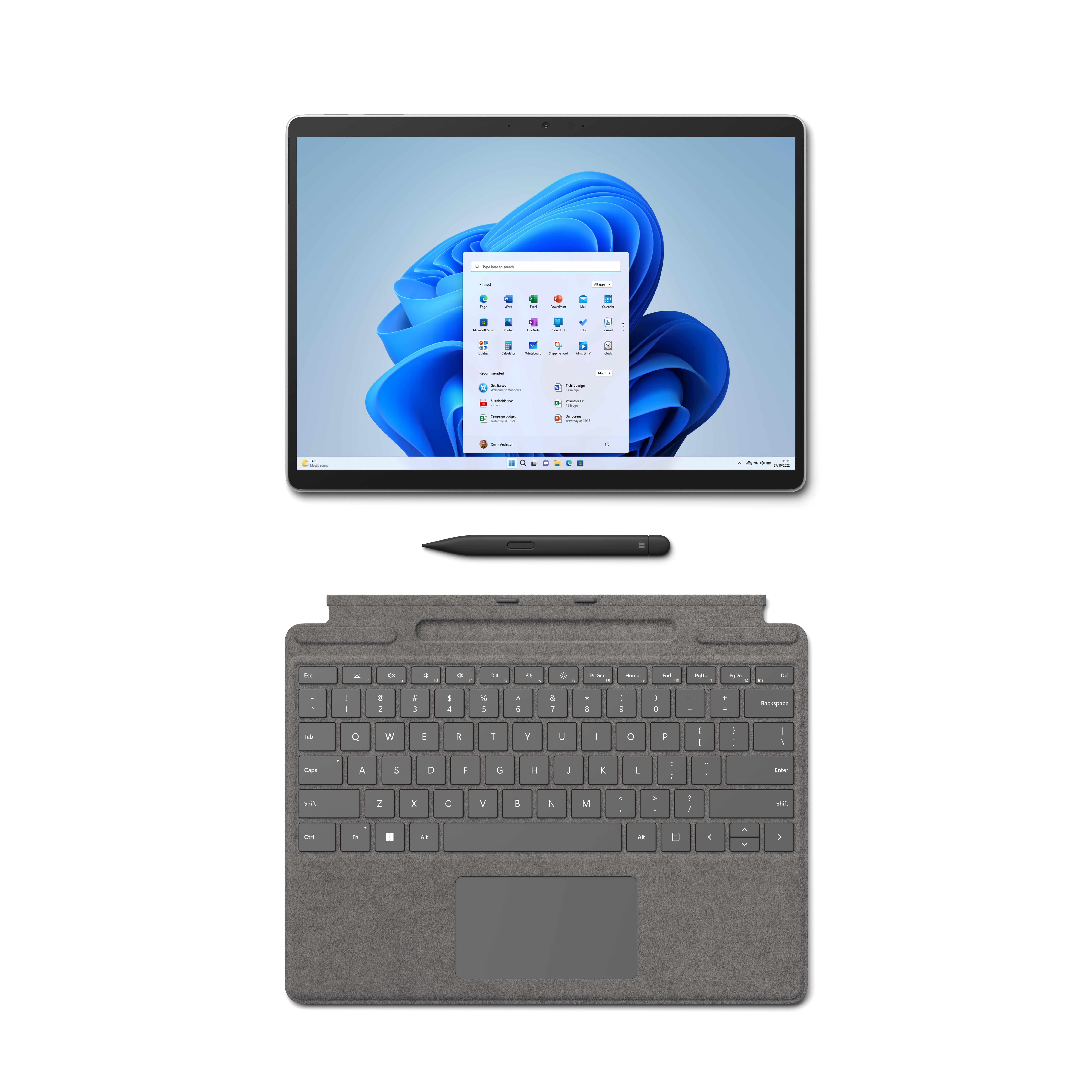 Een tablet, toetsenbord en pen. De tablet toont een Windows 11-interface.