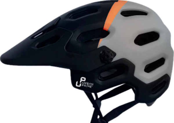 Een zwart-grijze fietshelm met een oranje streep op transparante achtergrond.
