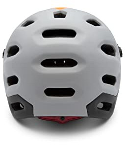 Een grijze en zwarte fietshelm, van achteren gezien, met een rood licht.
