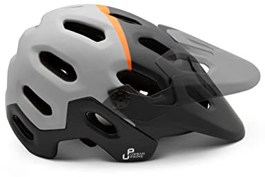 Grijze en zwarte fietshelm. Oranje streep bovenop, vizier bevestigd. Urban Prime-logo zichtbaar.