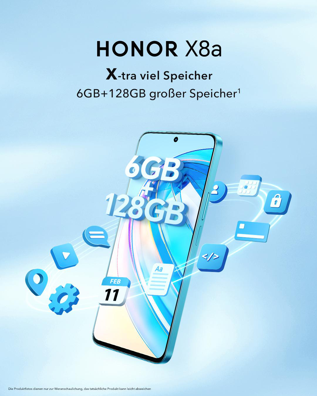 Ein türkisfarbenes Smartphone mit Symbolen wird gezeigt, mit Text über HONOR X8a-Spezifikationen.