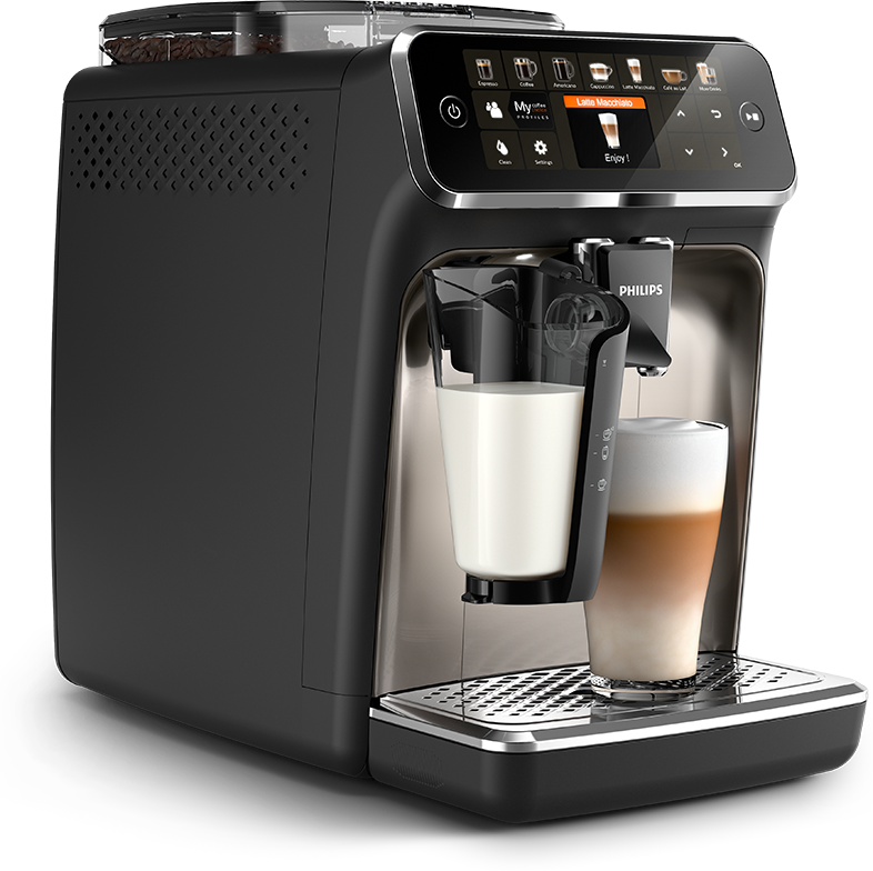 Fekete-ezüst Philips kávéfőző latte macchiato-t készít.