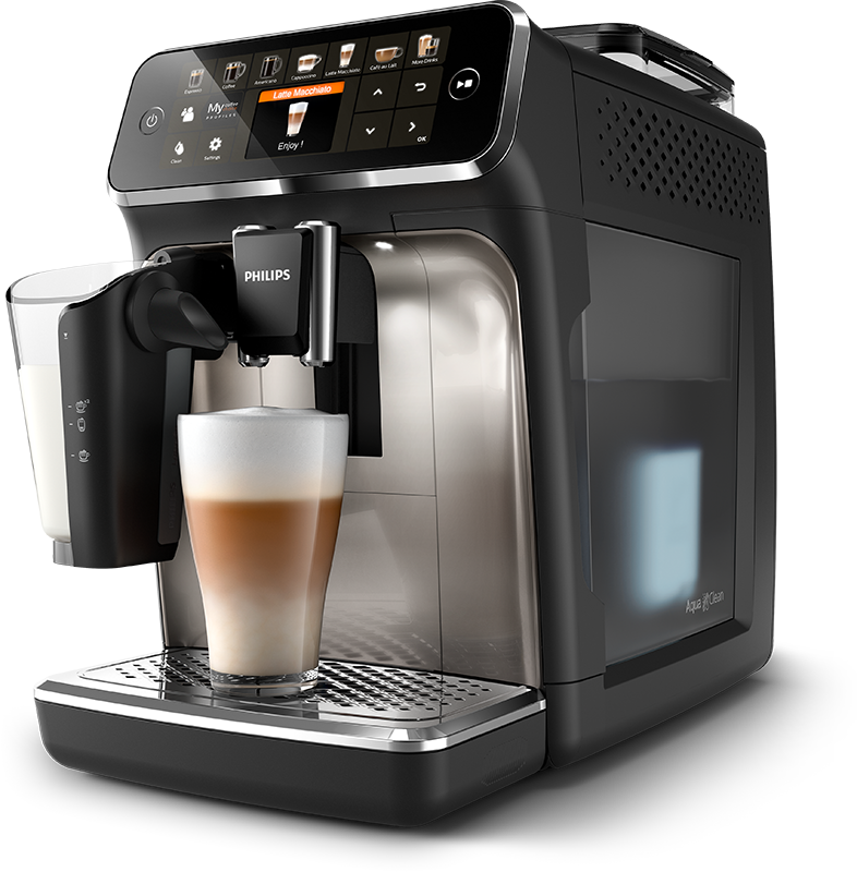 Egy fekete-ezüst Philips eszpresszó gép egy latte-val egy pohárban.