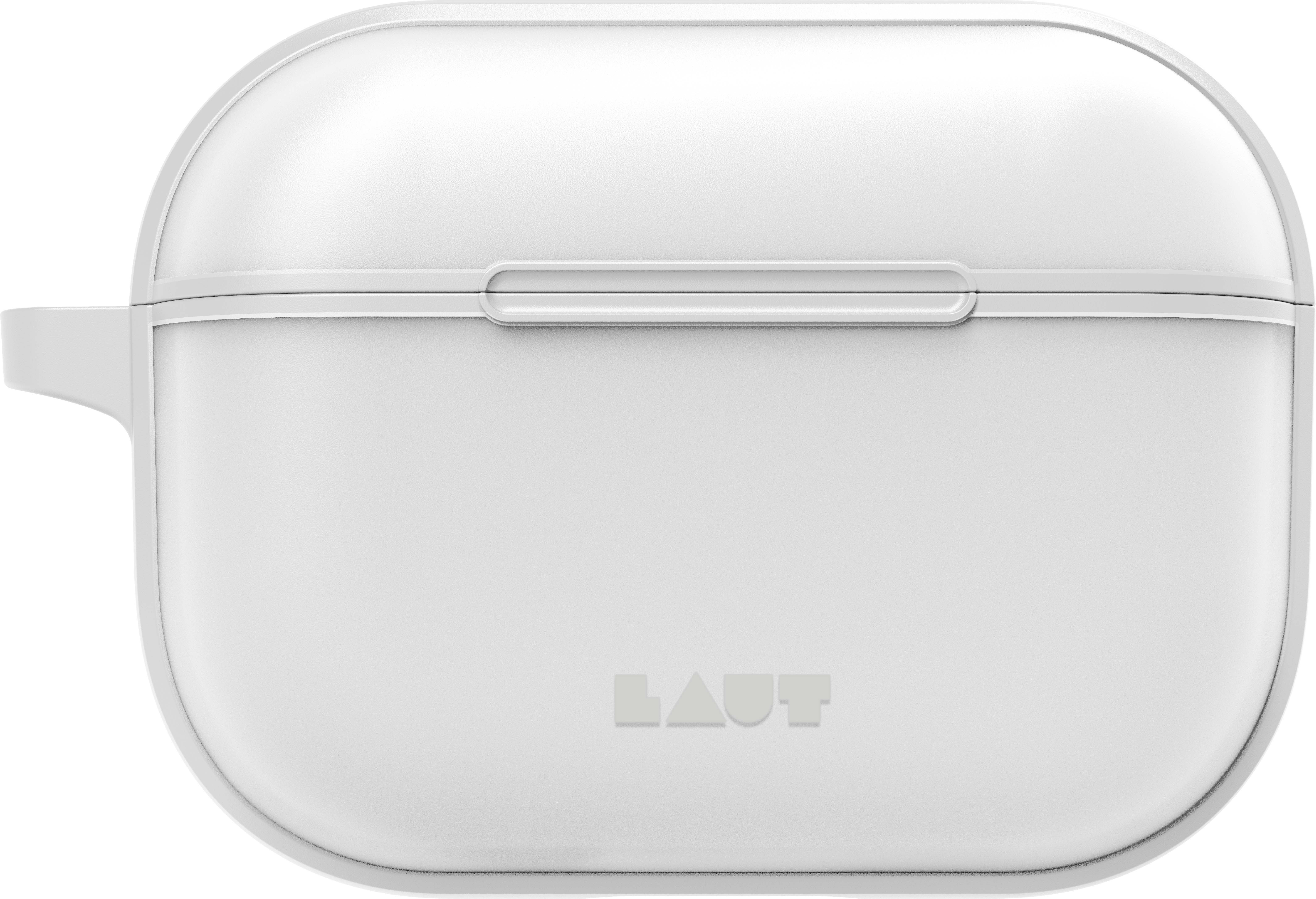 Boîtier AirPods blanc avec le mot LAUT en bas.