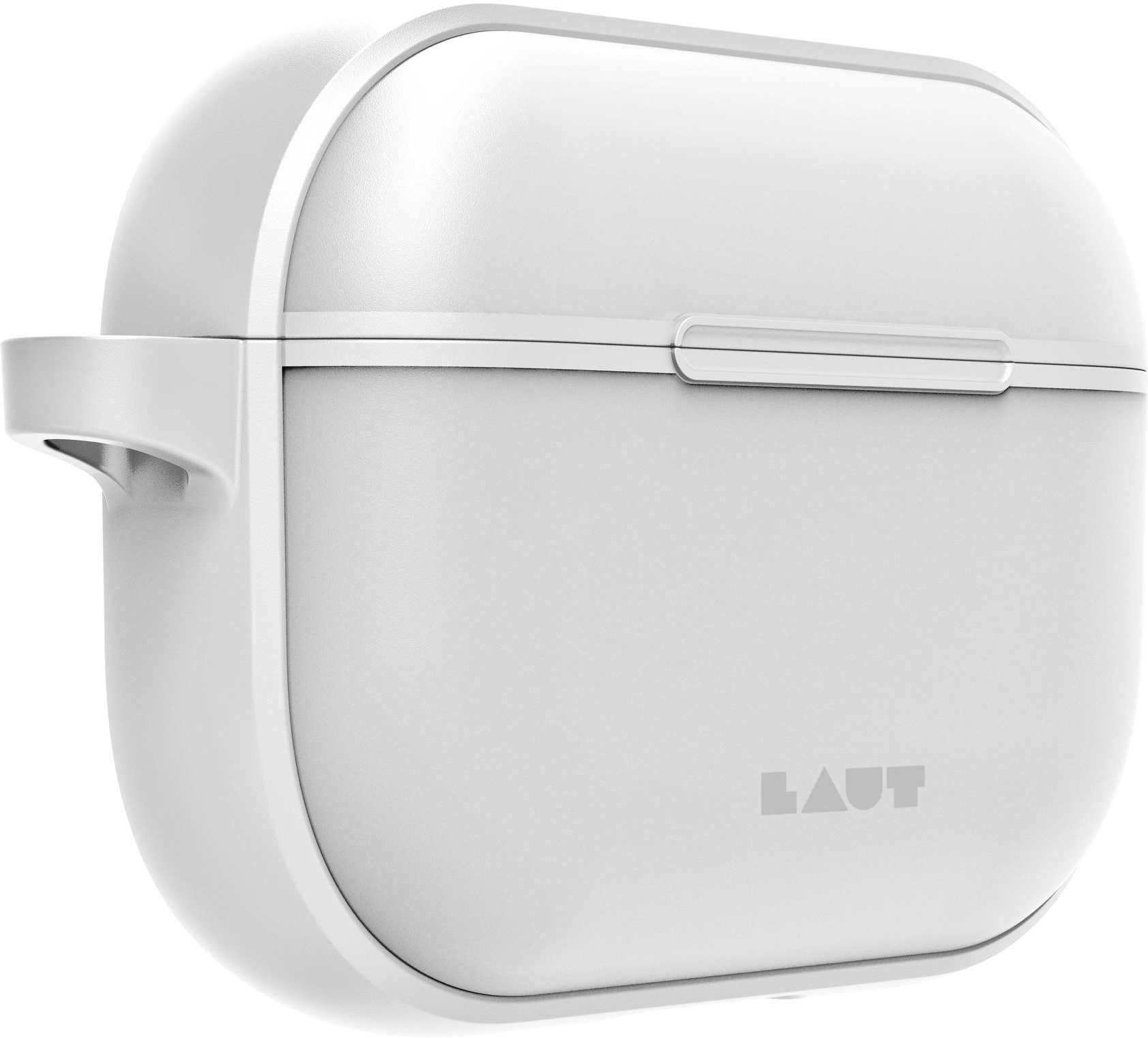 Étui blanc fermé pour écouteurs avec le nom de la marque LAUT en gris.