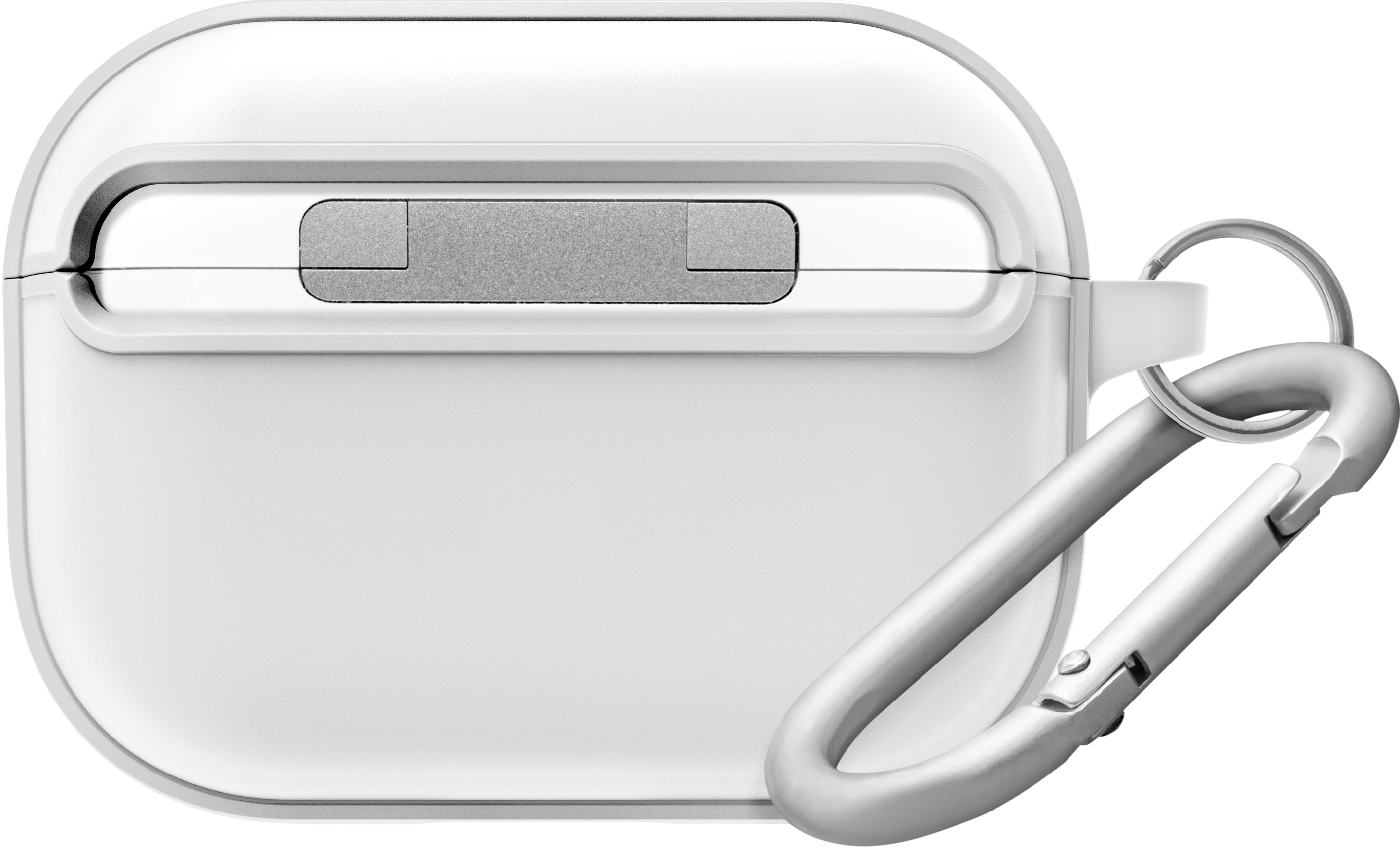 Étui blanc pour AirPods avec mousqueton argenté.