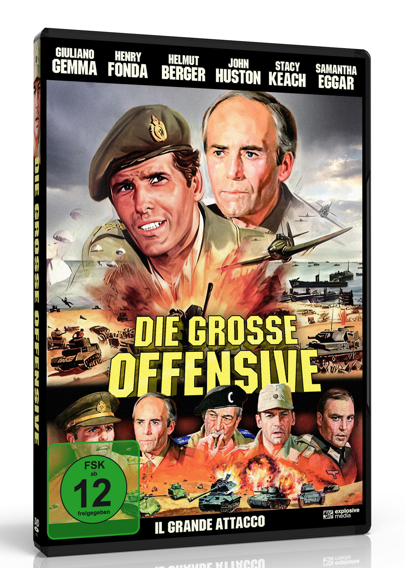 Film-DVD-Cover: Männer in Militäruniformen. Titel: Die große Offensive. Szene von Krieg und Panzern auf der Rückseite.