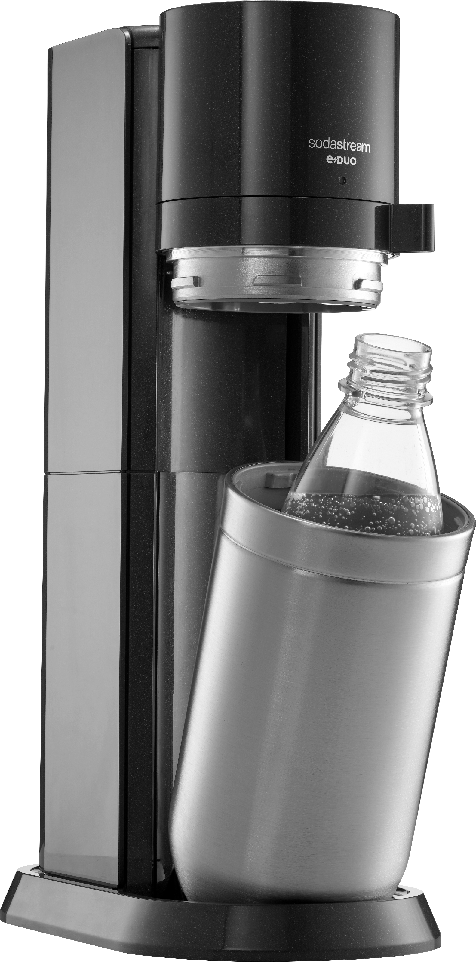Un appareil SodaStream e-duo noir et argent avec une bouteille en verre à l'intérieur du support argenté.