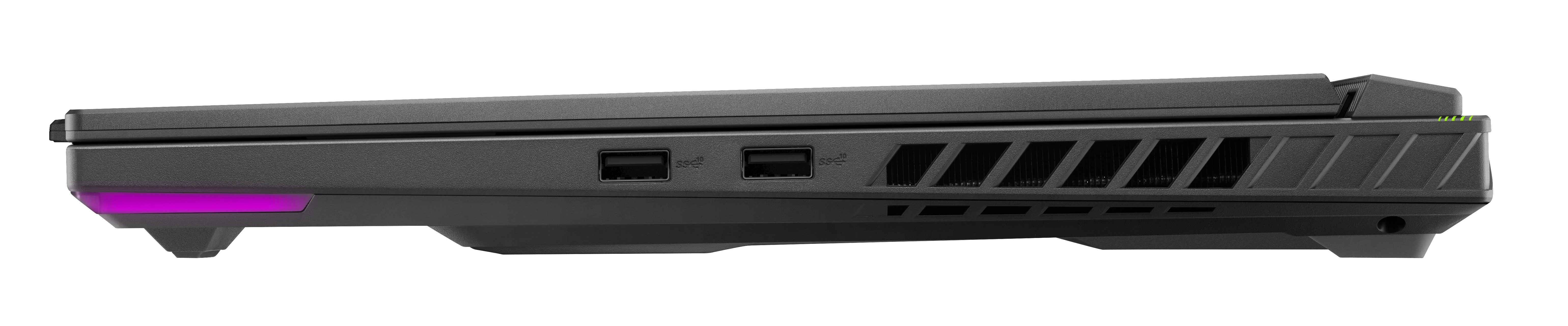 Seitenansicht eines schwarzen Laptops mit zwei USB-Anschlüssen und Lüftungslöchern, sowie lila Licht.