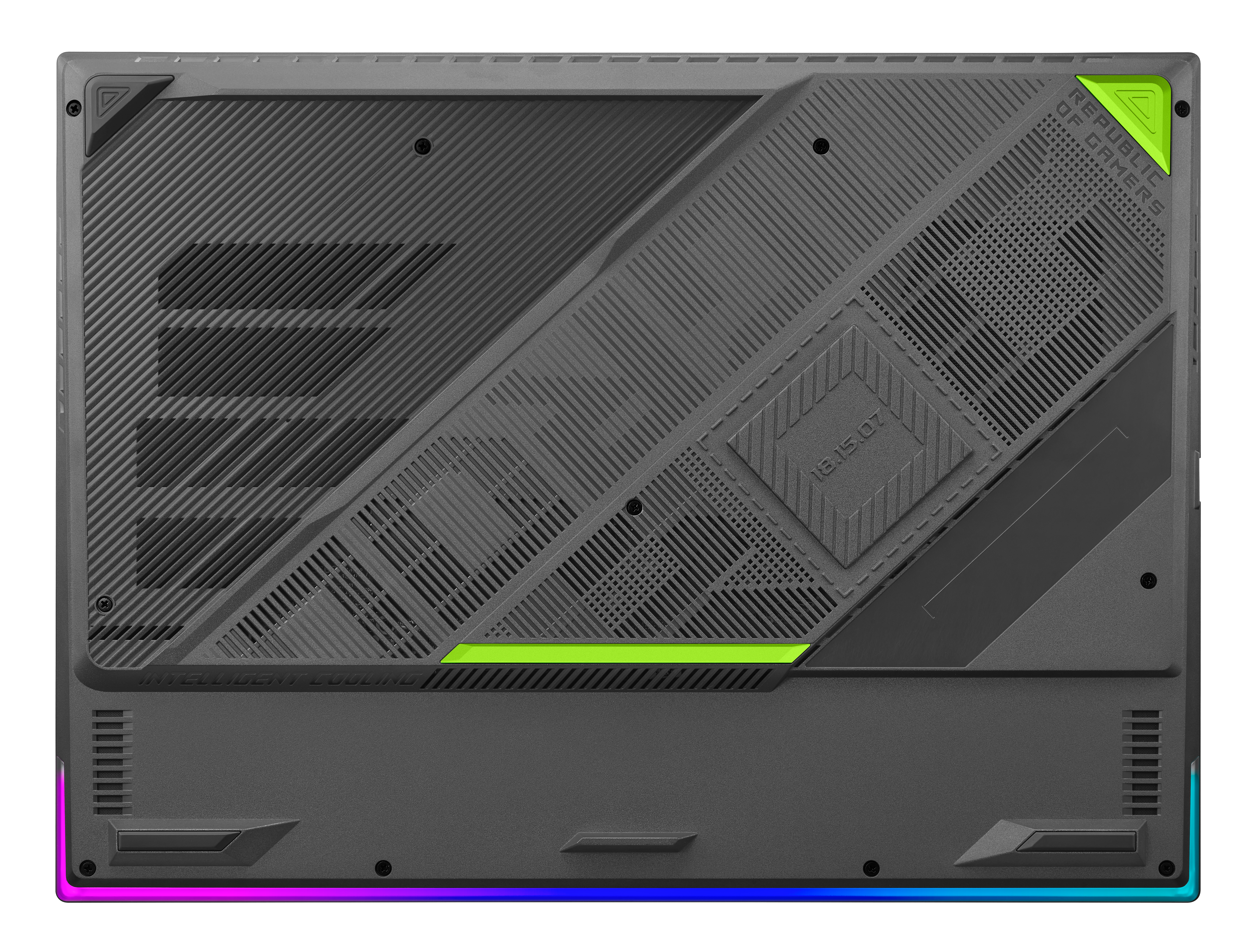 Laptop-Unterseite, mit grauem und schwarzem Design. Merkmale: Lüfter und RGB-Lichtstreifen.