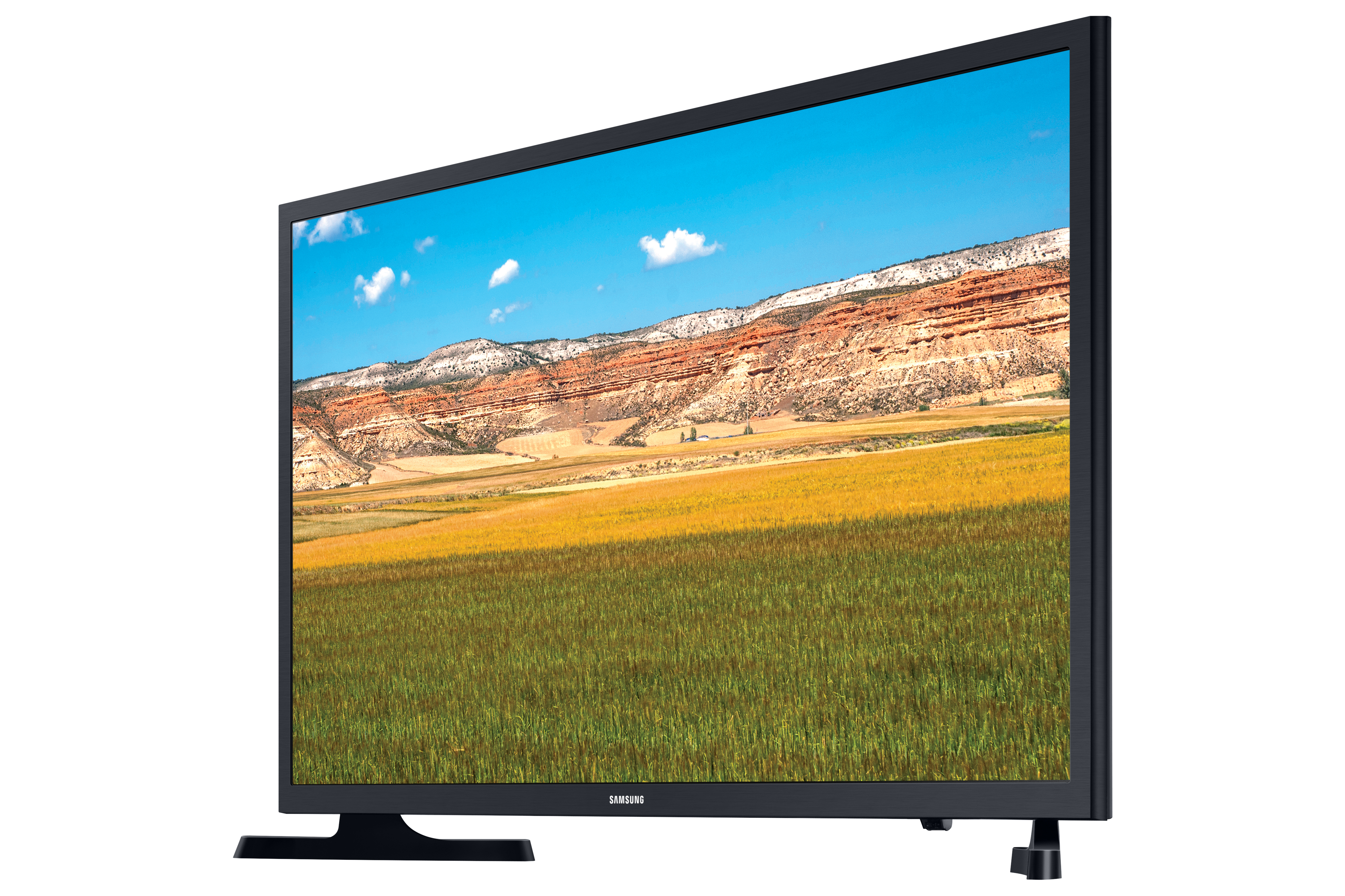 Un televisor que muestra un paisaje sobre un fondo blanco.