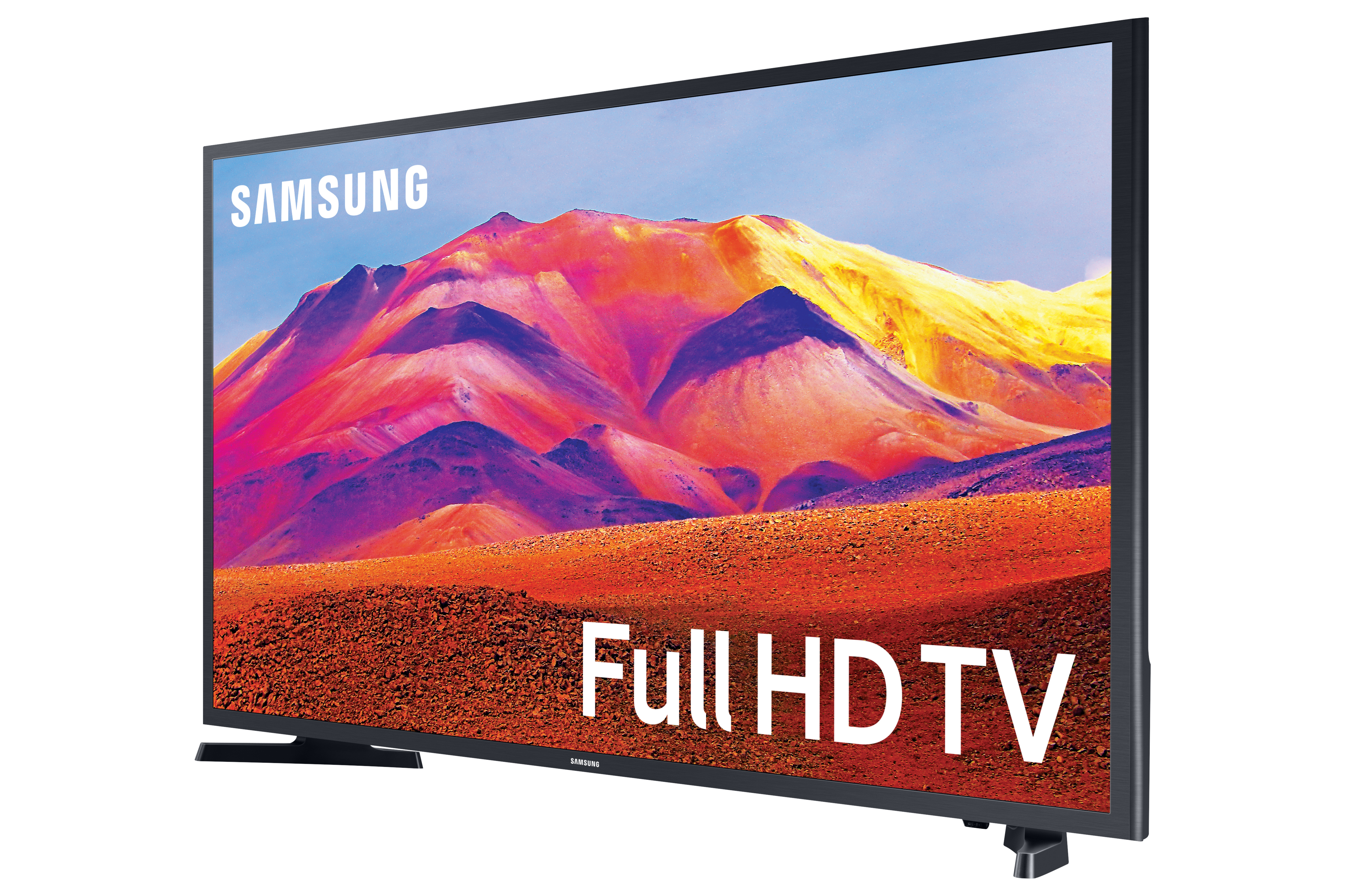 Un televisor Samsung Full HD. La pantalla muestra un paisaje desértico colorido.