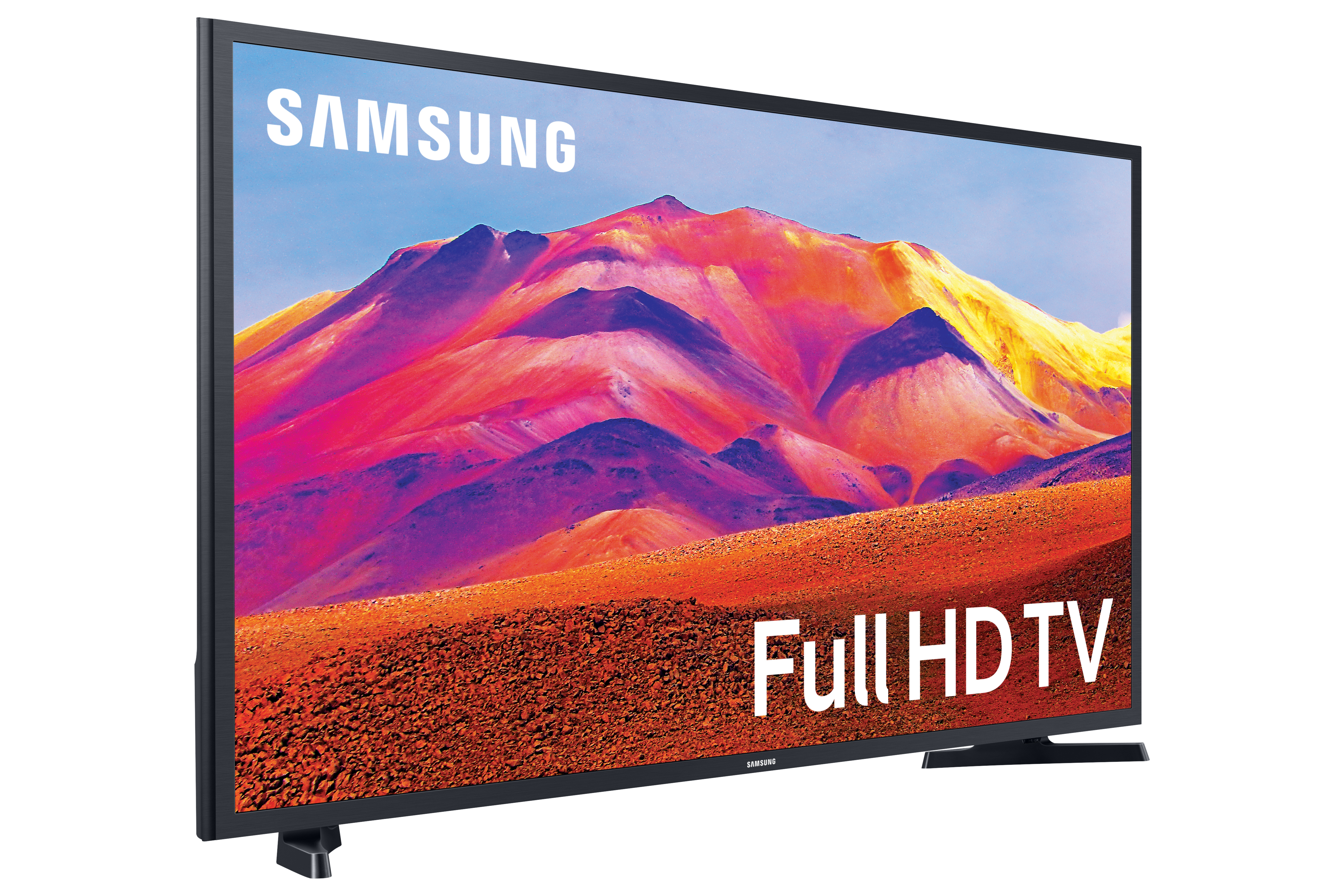 Un televisor Samsung Full HD, marco negro, vista en ángulo, fondo blanco. La marca y la resolución son visibles.