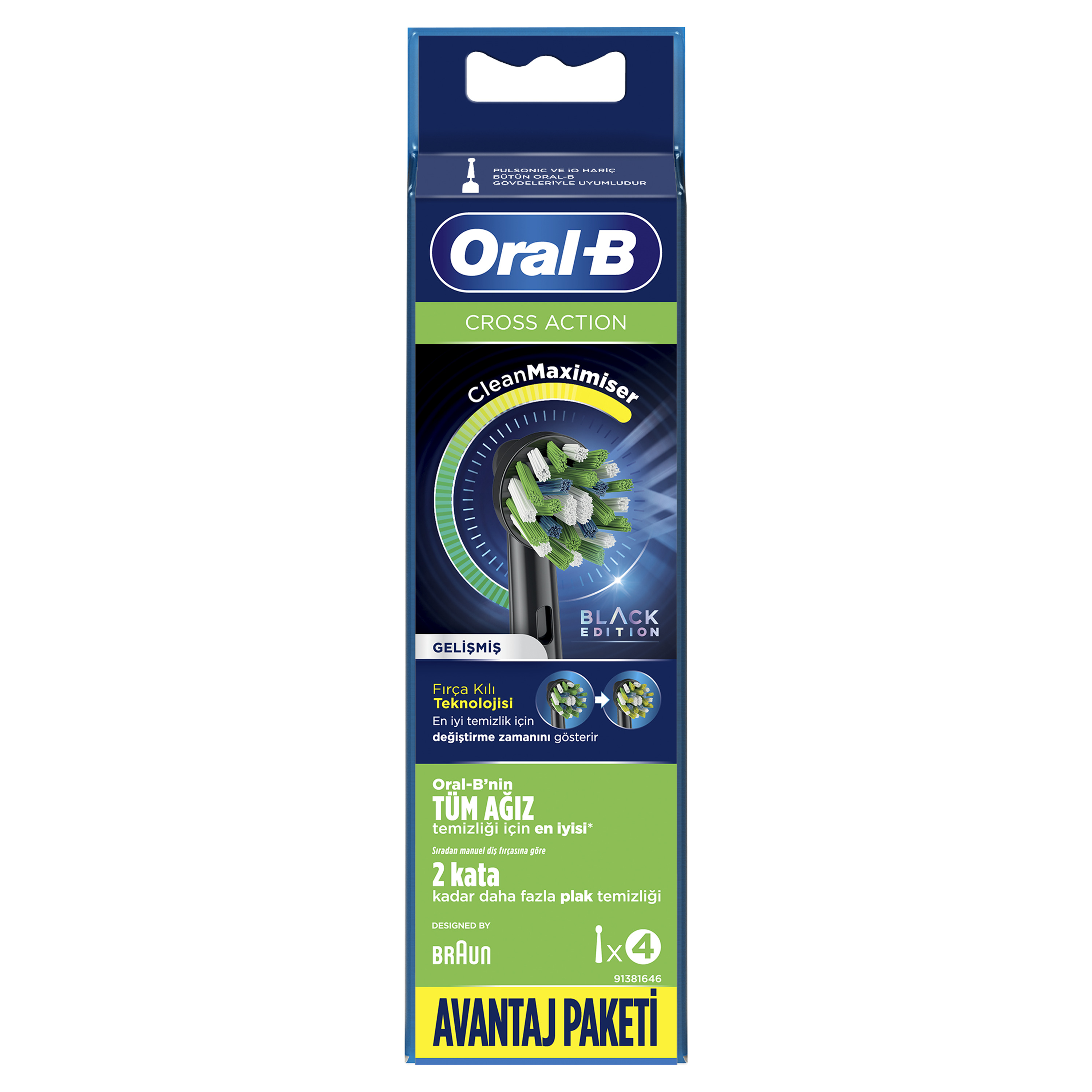 Yeşil ve siyah tasarımlı Oral-B diş fırçası kutusu, beyaz zemin.