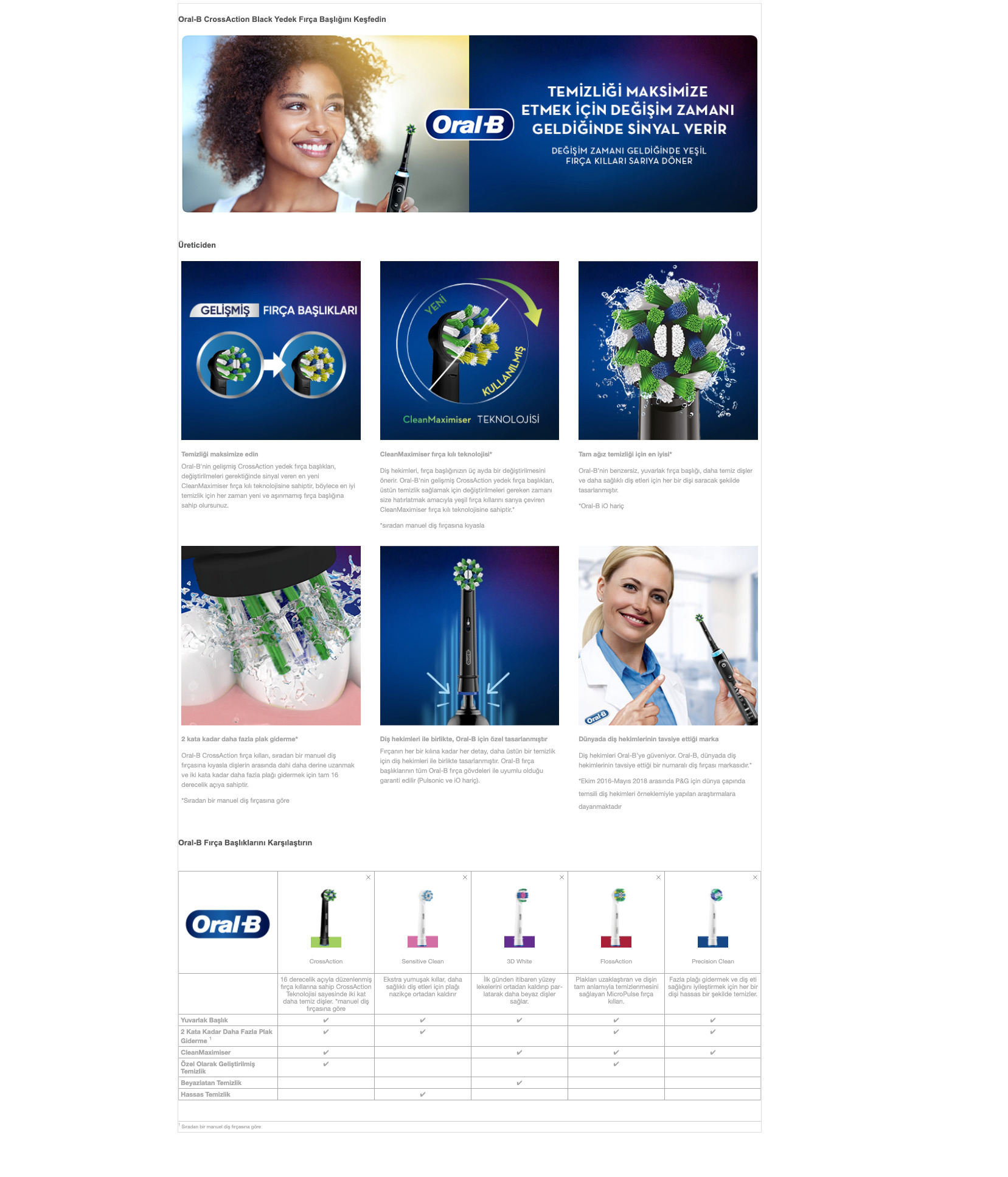Bir kadın, diş fırçası ve Oral-B ürünleri hakkında bilgiler.