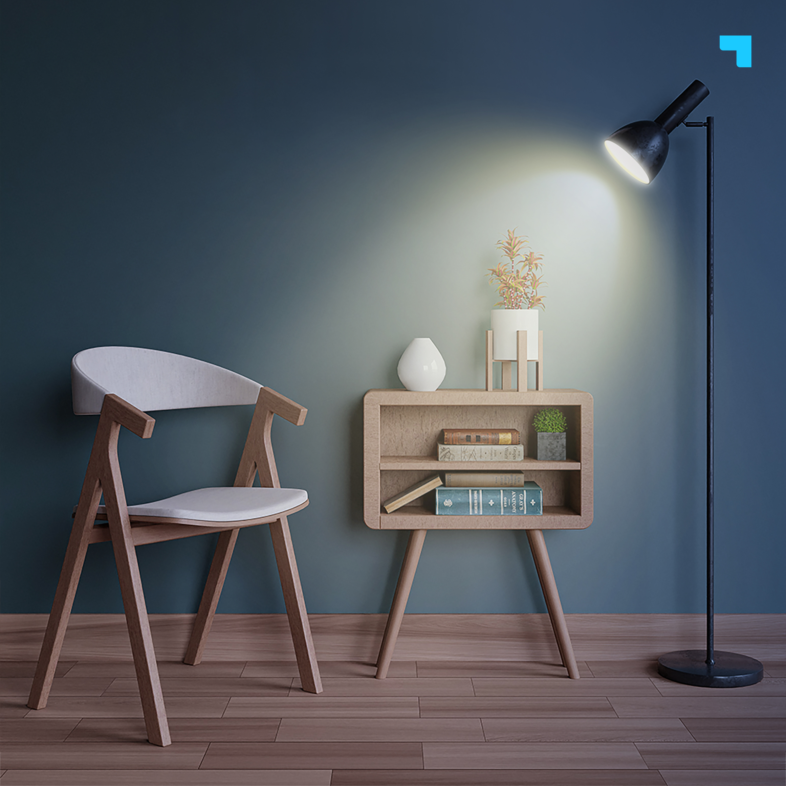 Una habitación con una silla, una mesita con objetos y una lámpara de pie que los ilumina.