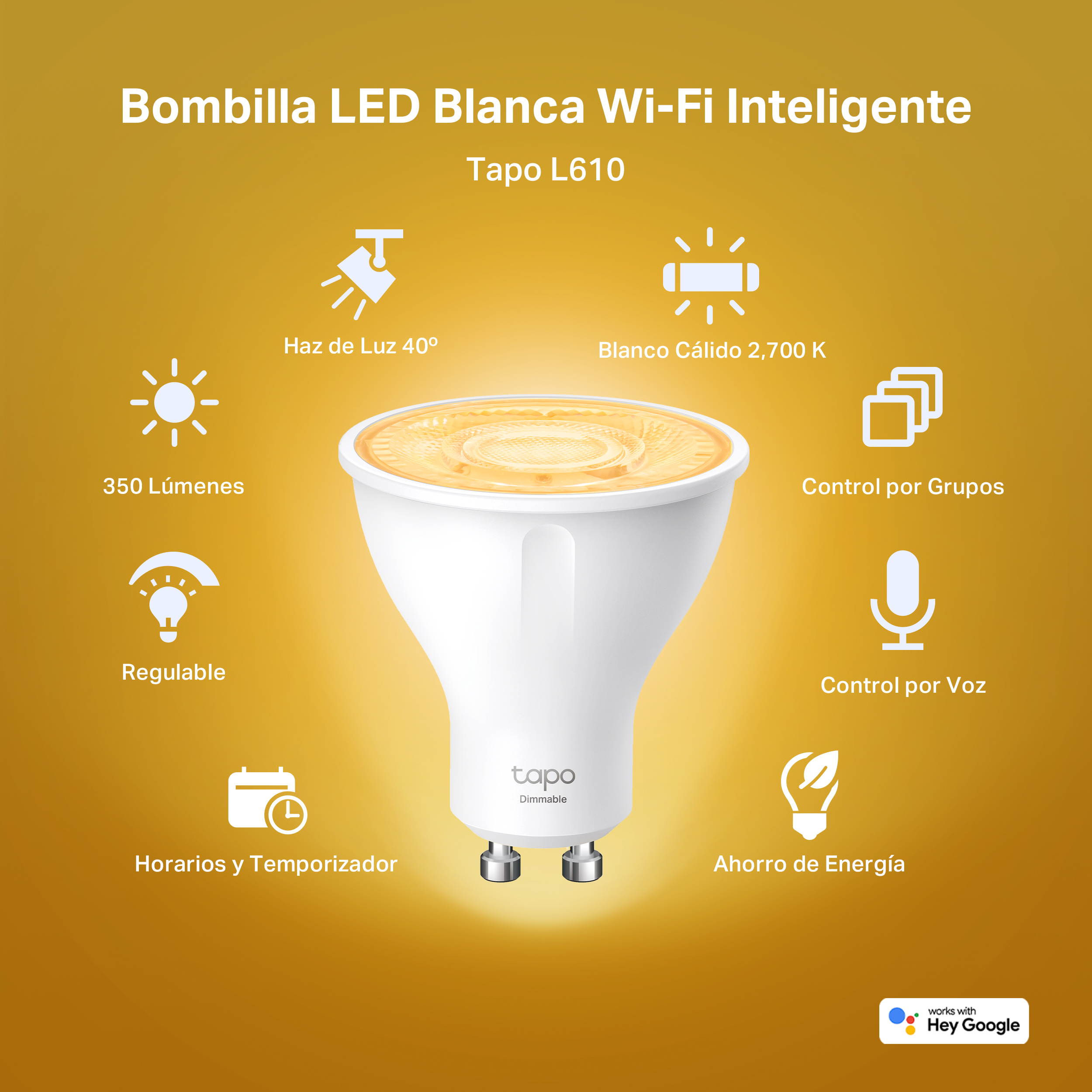 Una bombilla inteligente blanca con texto e iconos sobre fondo dorado.