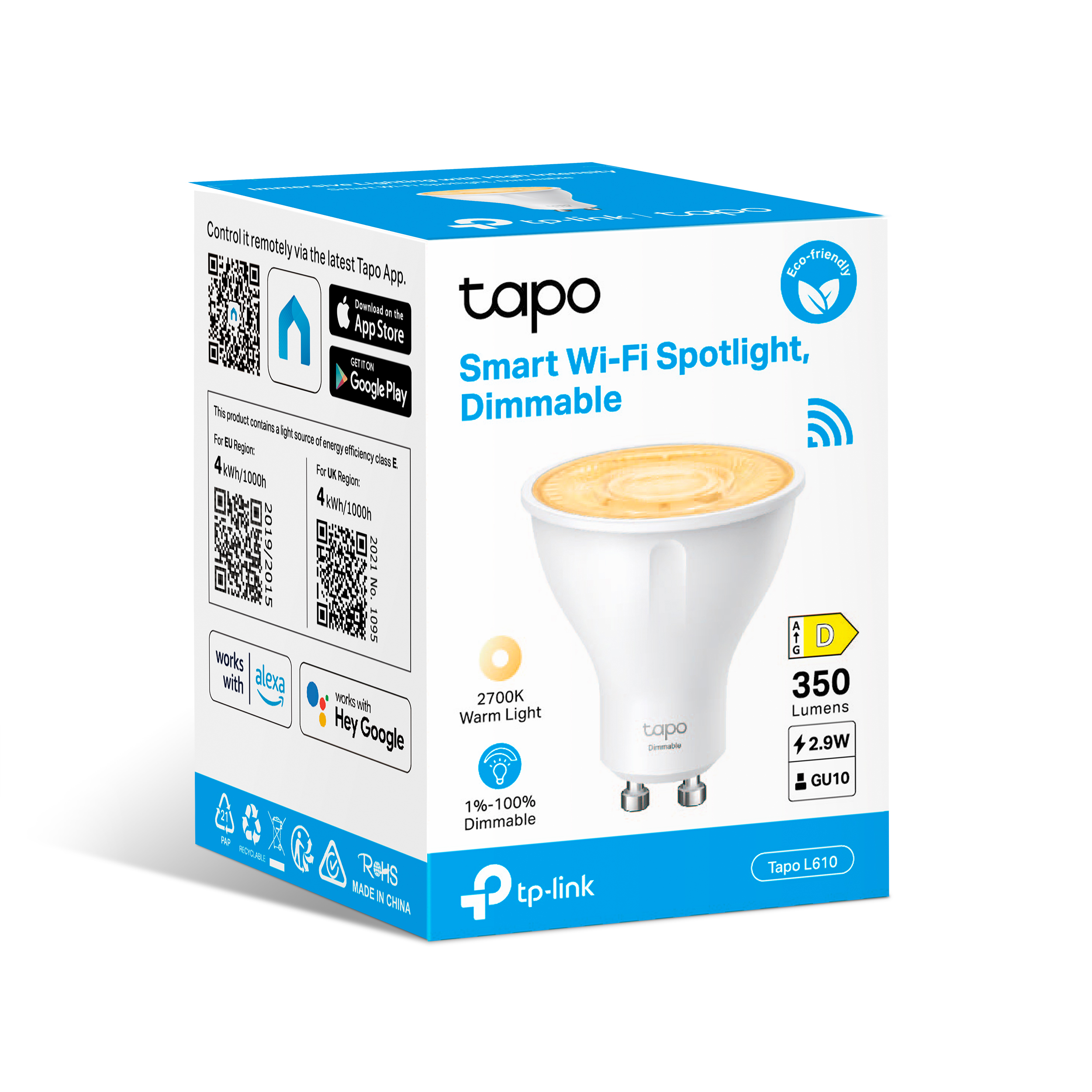 Caja de foco inteligente Wi-Fi Tapo con imagen de bombilla y especificaciones.