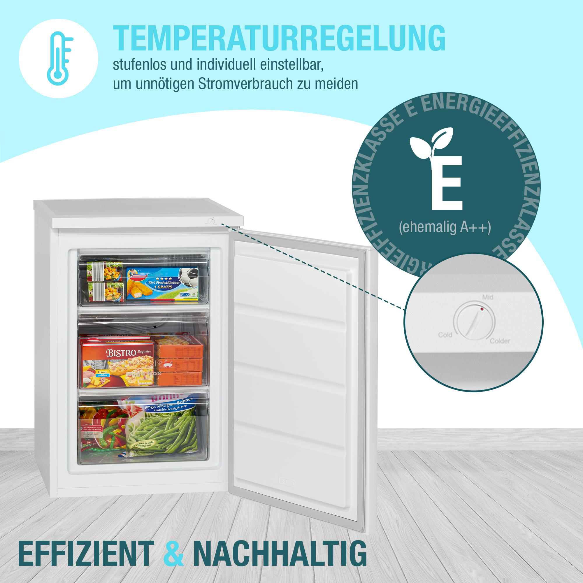Ein Gefrierschrank mit Tiefkühlkost, einem Drehregler und Text zur Energieeffizienz.
