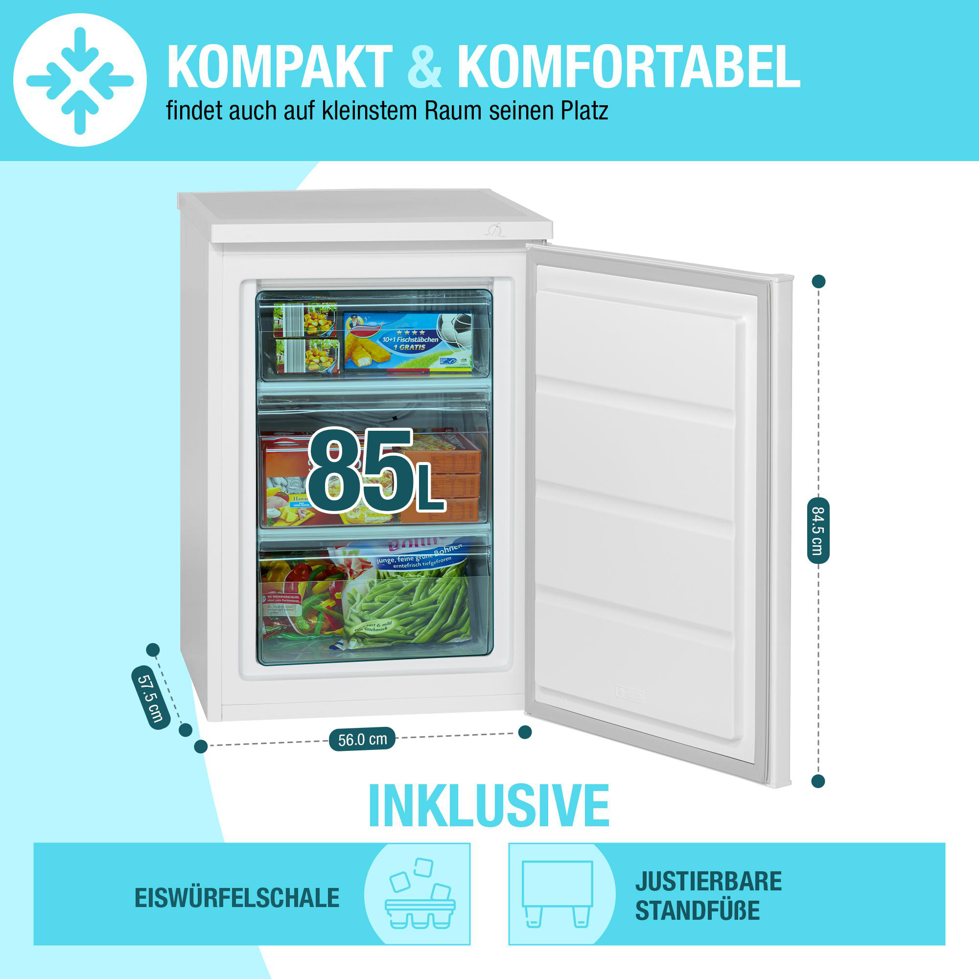 Ein weißer Gefrierschrank, geöffnet, mit Regalen und Kisten mit Lebensmitteln.