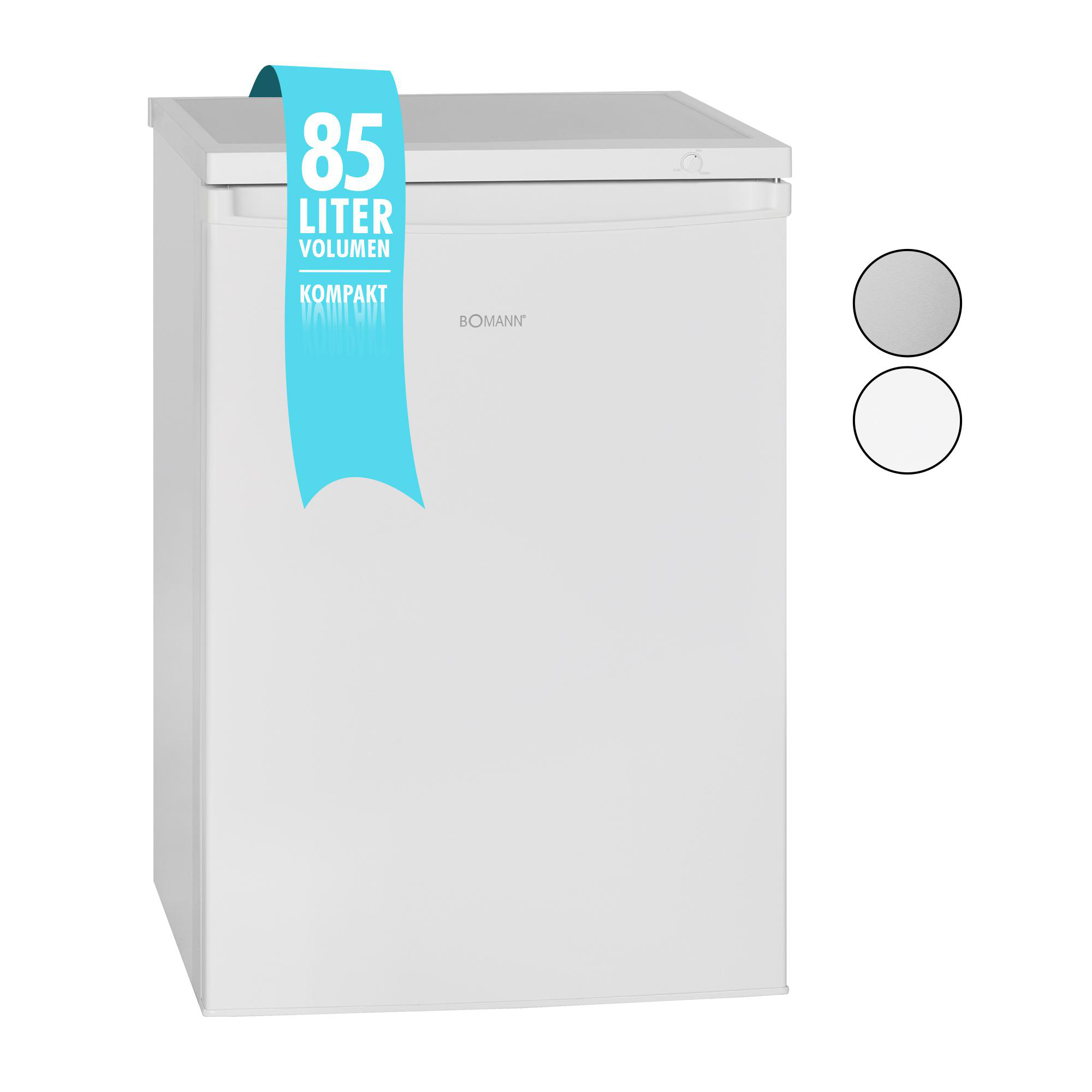 Ein weißer Mini-Kühlschrank mit einem blauen Banner darauf. Auf der rechten Seite des Bildes befinden sich zwei Kreise.