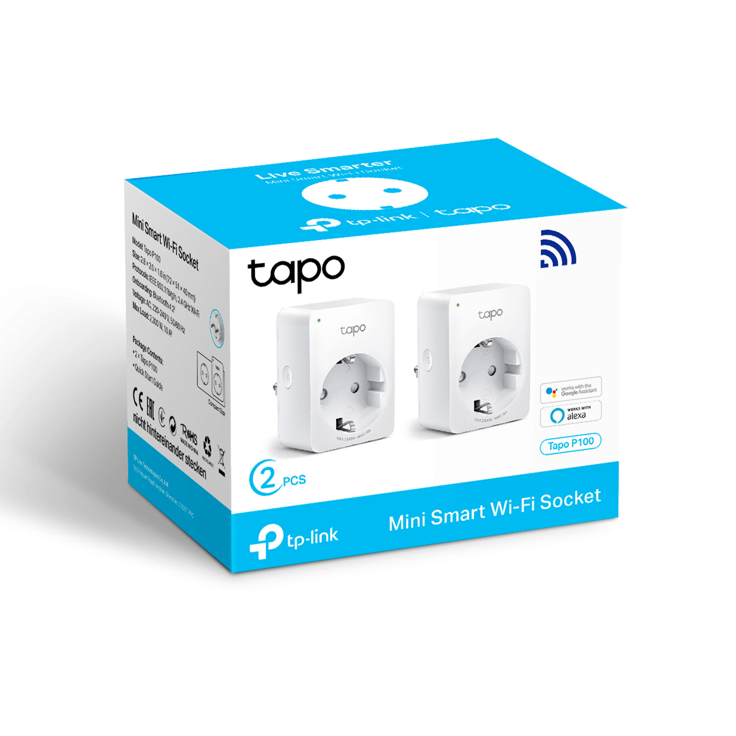 Caja con dos enchufes WiFi inteligentes. El logotipo de Tapo y el logotipo de Alexa son visibles.