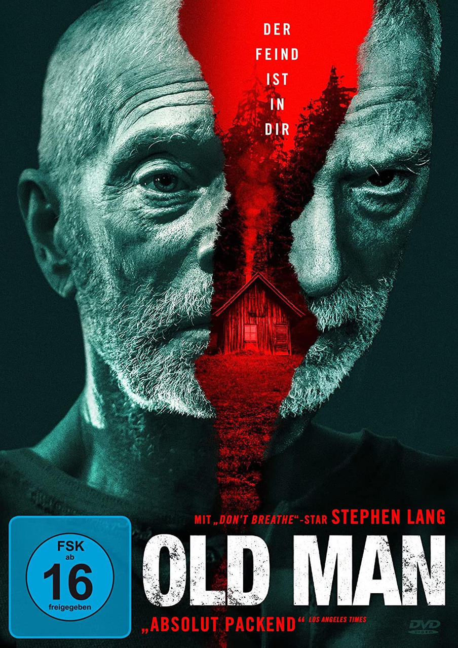 Filmposter: Ein Mann ist geteilt, eine Hütte im Wald wird enthüllt. Titel: Old Man. Stephen Lang ist der Star.