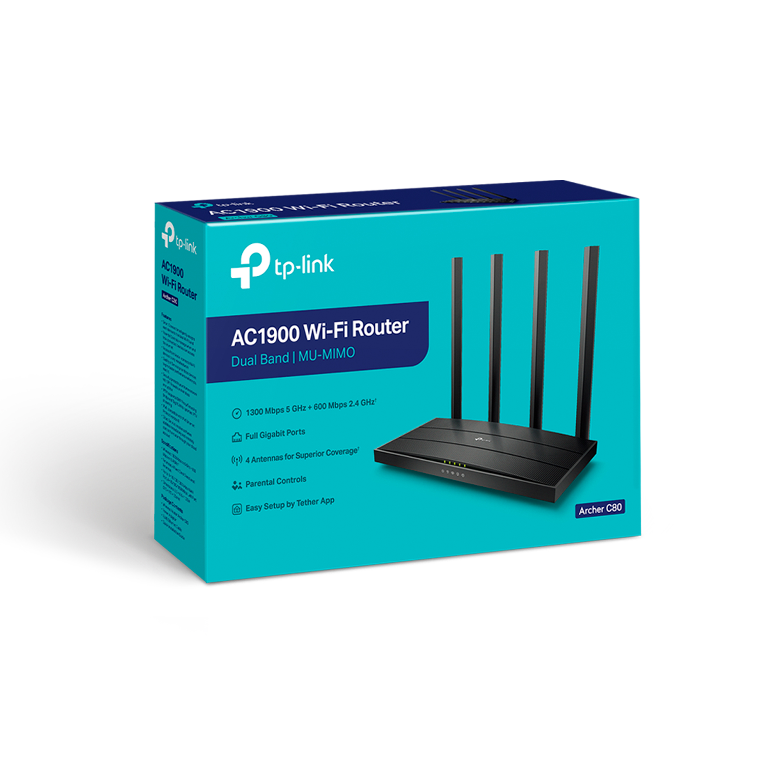 Caja de enrutador con un enrutador dentro. Texto: enrutador Wi-Fi TP-link AC1900.