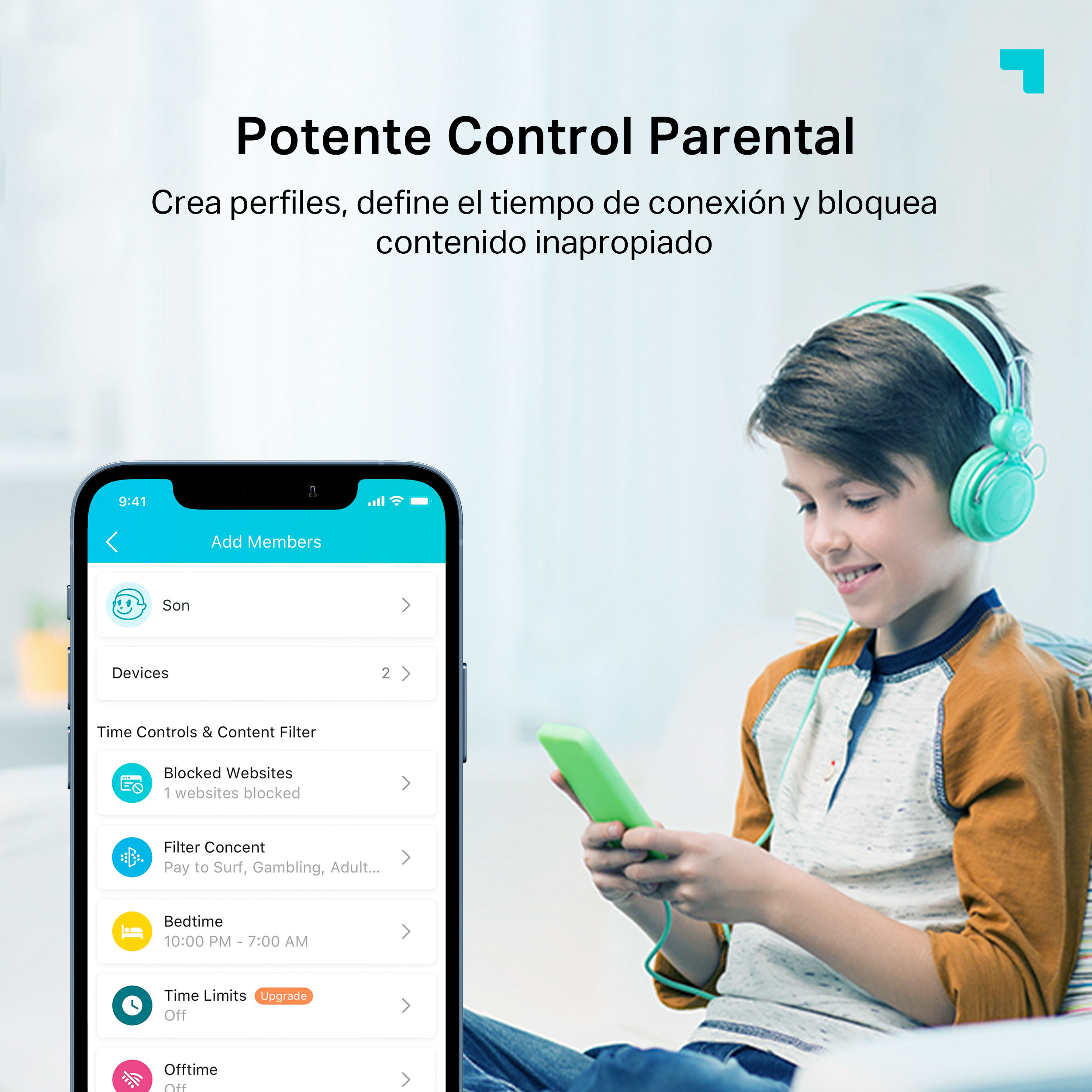 Un niño usando un teléfono. El teléfono tiene un menú para configurar el control parental. Texto: Control parental.
