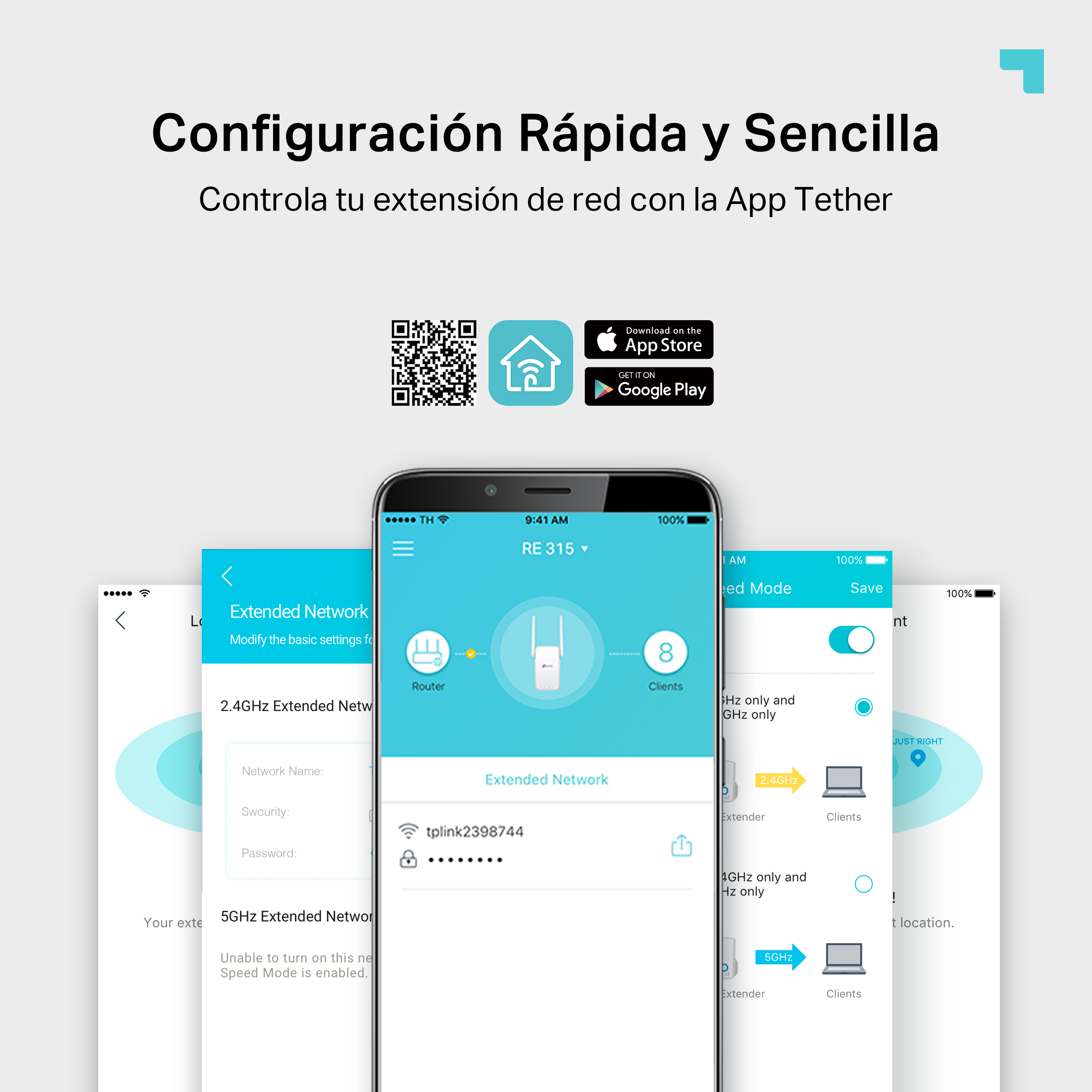 Un smartphone muestra una app de configuración de red, con un código QR e iconos de la tienda de apps. Texto en español.
