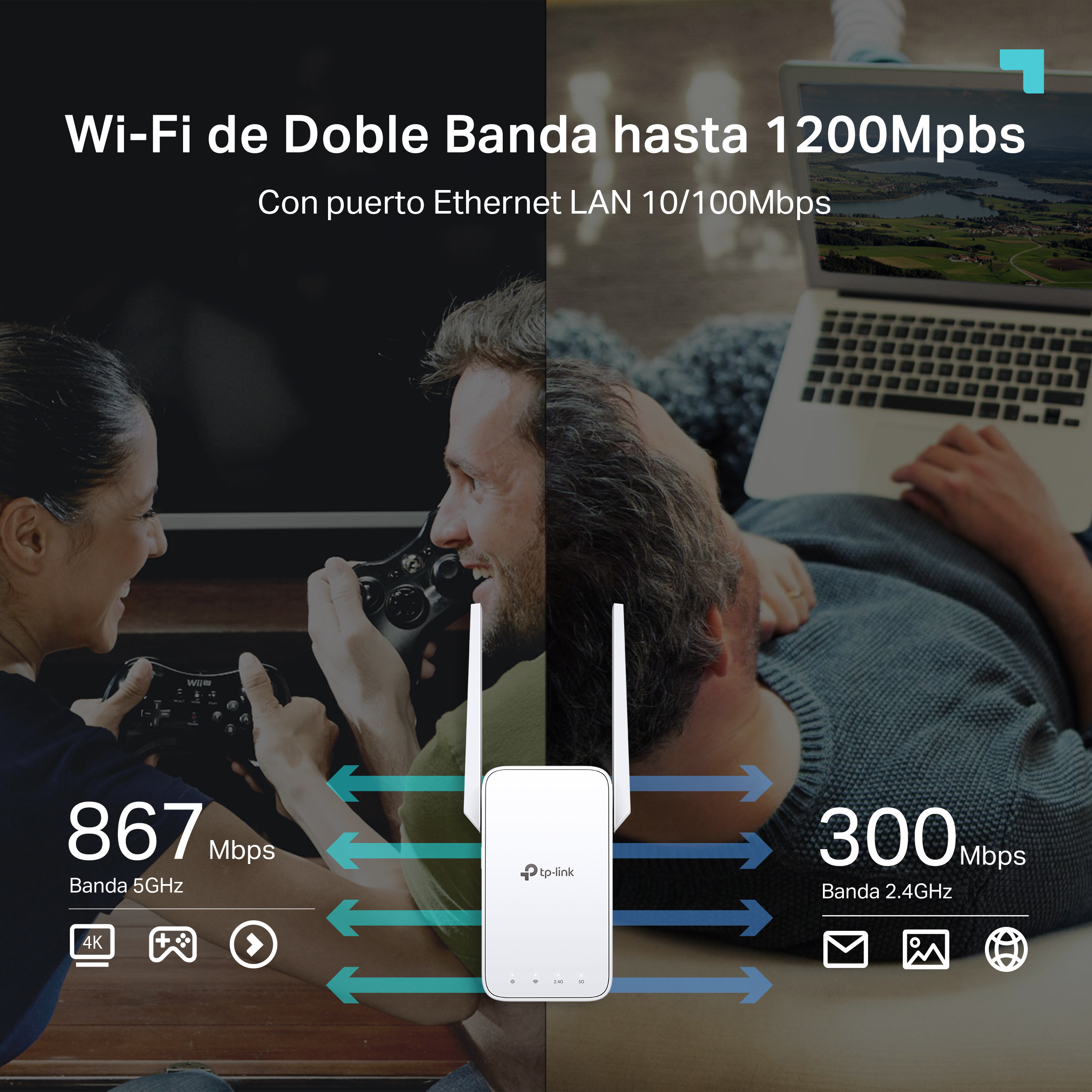 Un hombre y una mujer están usando Wi-Fi, representado por un enrutador con flechas que indican la fuerza de la señal.