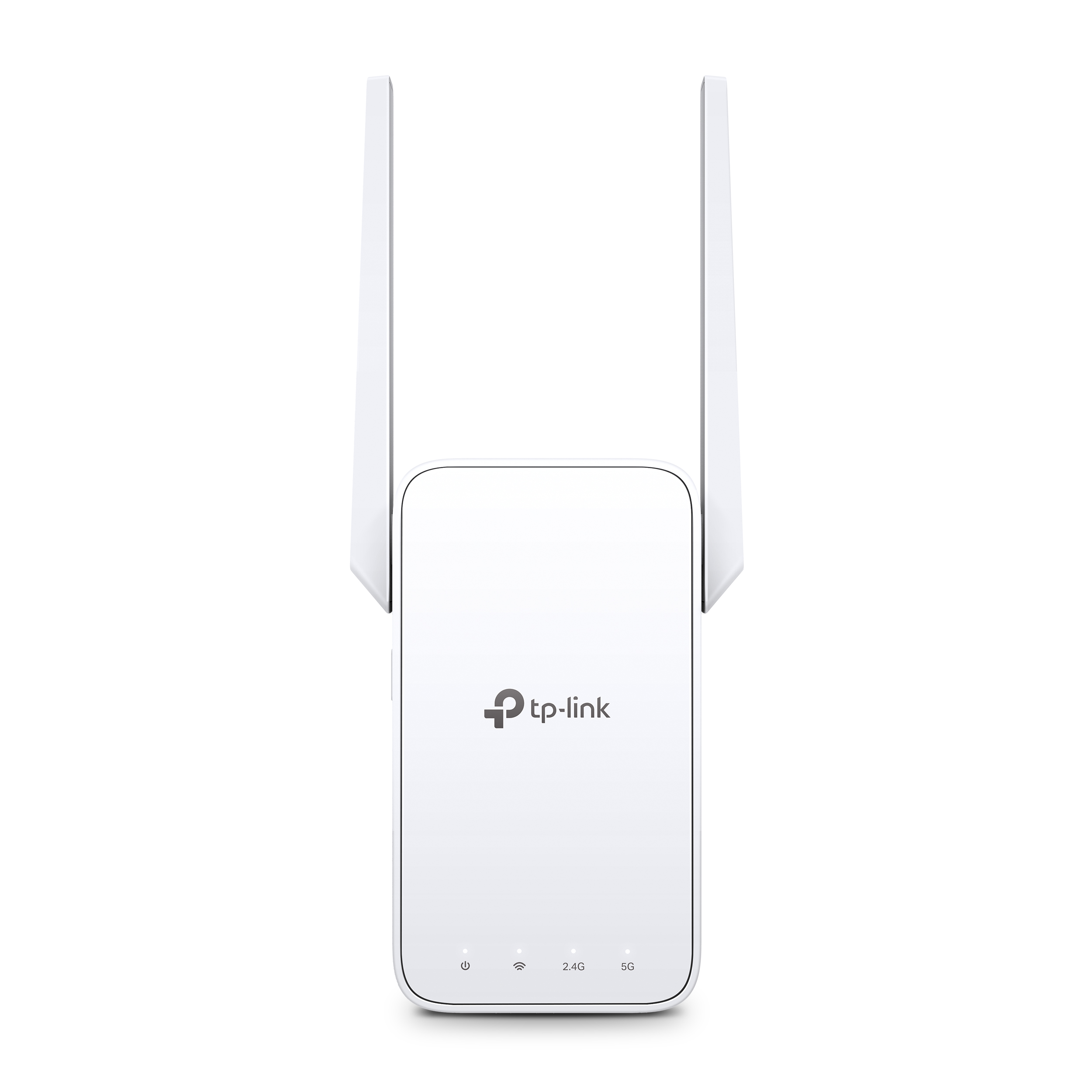 Un extensor Wi-Fi blanco con dos antenas y el logotipo tp-link. Tiene tres luces indicadoras.
