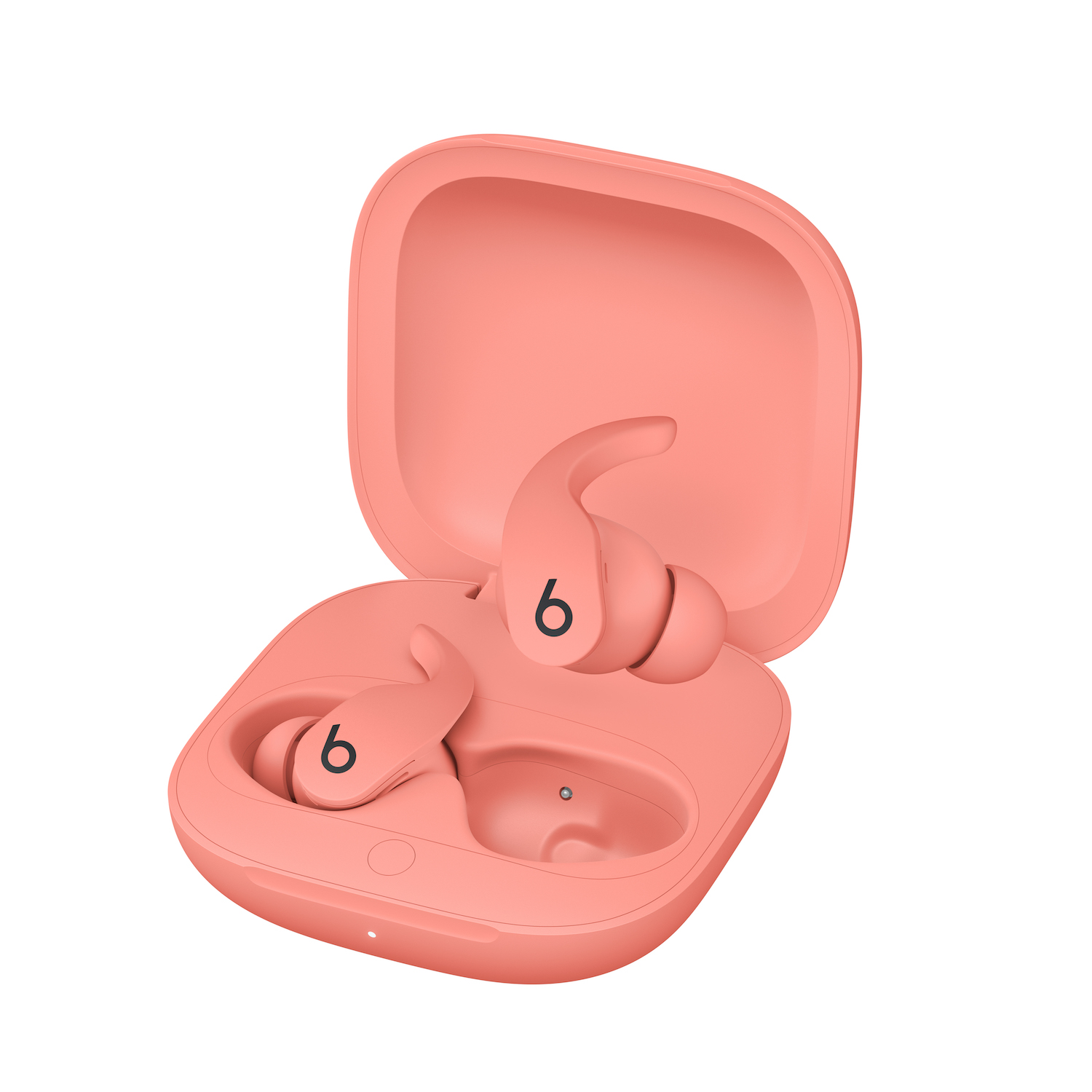 Pembe bir kılıf içinde pembe Beats kulaklıklar, açık. Kılıf ve kulaklıklar Beats logosuna sahip.