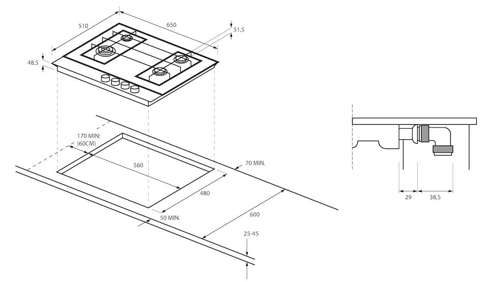 Egy főzőlap diagramja. Méretekkel és kivágási méretekkel rendelkezik. Beszereléshez való.