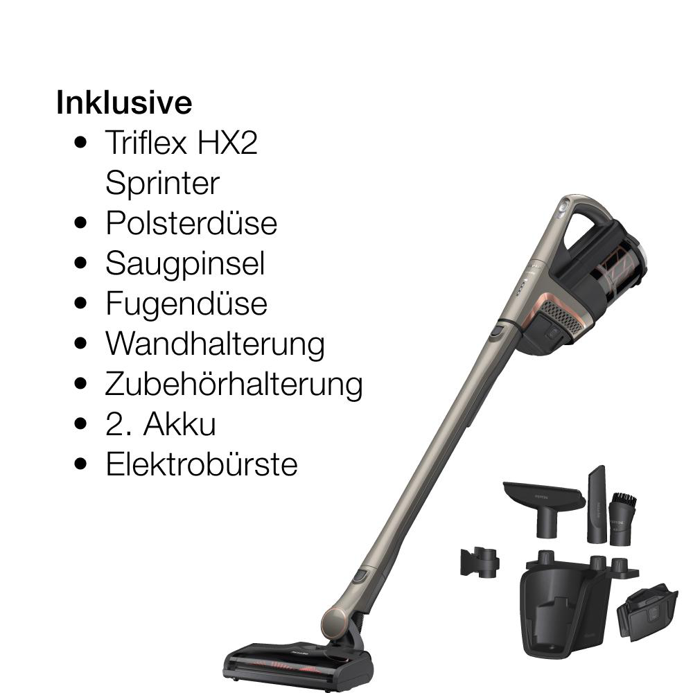 Ein kabelloser Staubsauger und sein Zubehör werden auf weißem Hintergrund dargestellt.