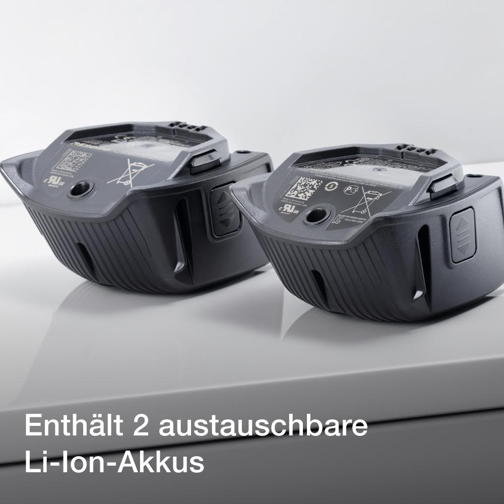 Zwei schwarze Li-Ionen-Akkus werden nebeneinander gezeigt. Sie sind für ein Elektrowerkzeug.
