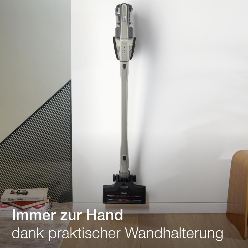 Staubsauger an der Wand. Er ist silber und schwarz. Hintergrund ist weiße Wand und Holzmöbel.