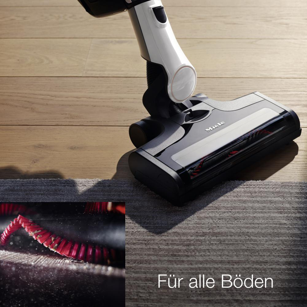 Ein Staubsauger auf einem Holzboden, mit Nahaufnahme der Bürste auf Teppich.