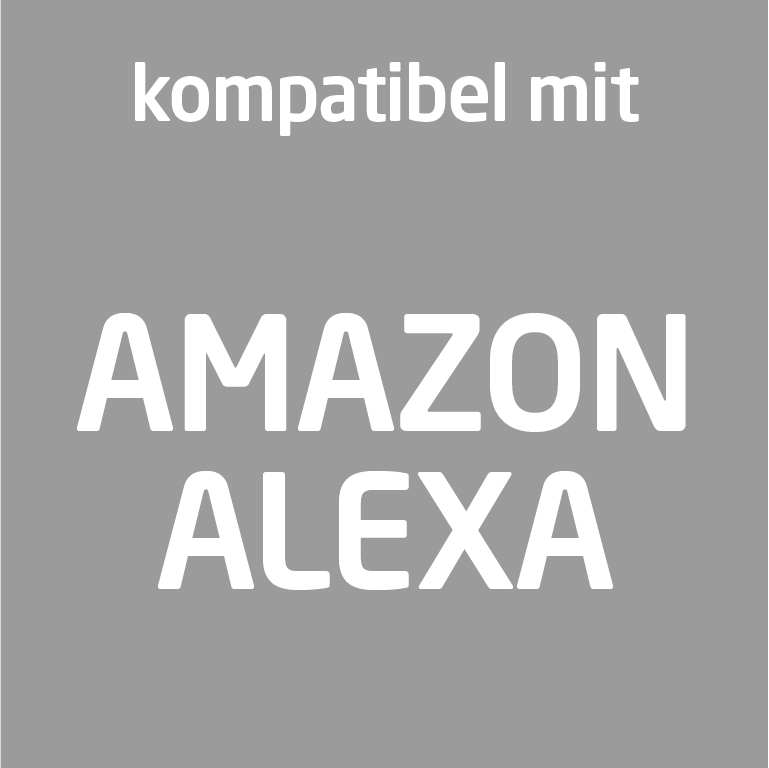 Text auf grauem Hintergrund: kompatibel mit AMAZON ALEXA.