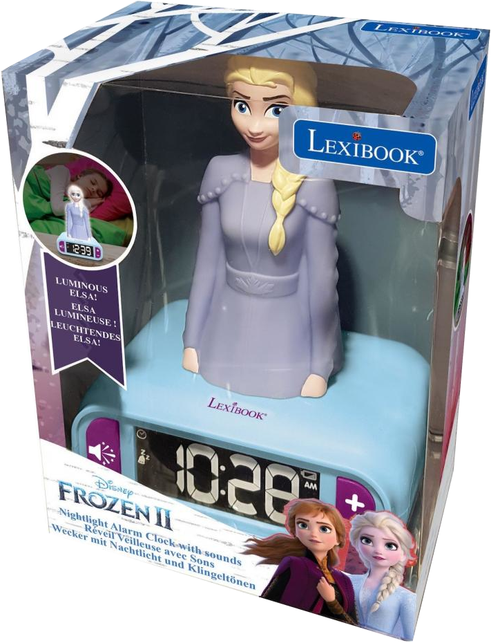 Elsa ébresztőóra dobozban. Van rajta lámpa, kijelző az idővel és Elsa képe.