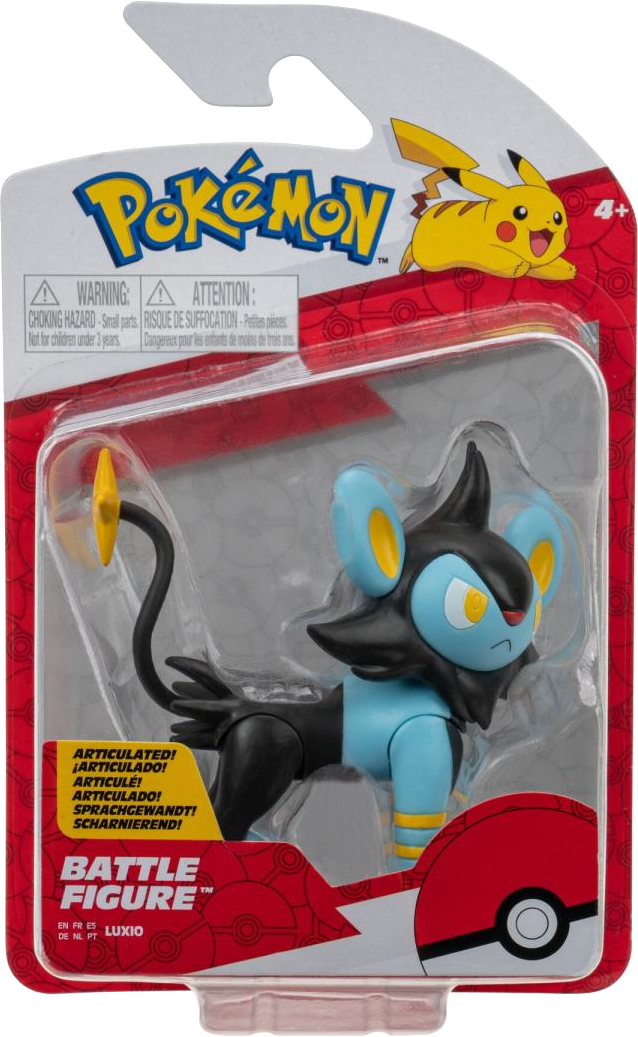 Egy Pokemon Luxio figura műanyag csomagolásban. Kék, fekete és sárga.