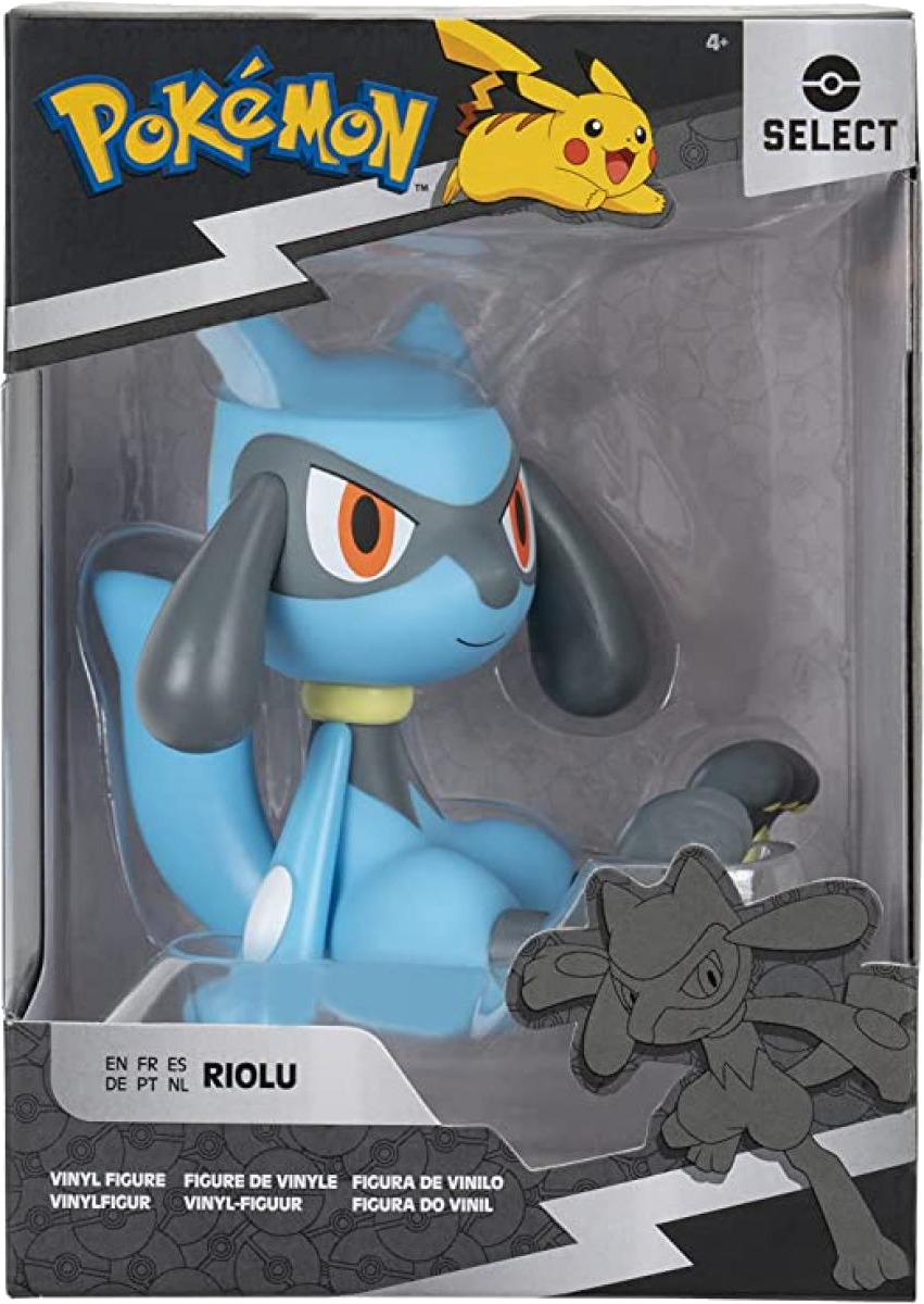 Pokemon játékfigura egy dobozban. Szöveg: Riolu figura.